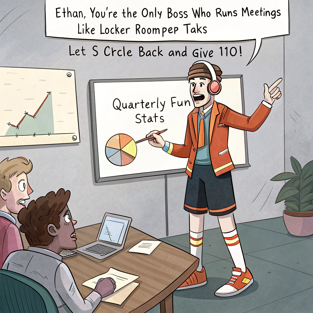 At the top of the image, "Ethan, you're the only boss who runs meetings like locker room pep talks—‘Let’s circle back and give 110%!'"  

- Illustrate a cartoon-style scene of Ethan standing in front of a whiteboard in a chaotic office meeting room. He’s wearing a whistle, a headset, and an exaggerated sports coach outfit—shorts, tube socks, clipboard in hand—while pointing intensely at a pie chart labeled “Quarterly Fun Stats.”

- Around him, bewildered office workers sit at a boardroom table, half with coffee mugs, half holding foam fingers. One is doing pushups next to a copier.

- Confetti and birthday balloons labeled “You’ve Got This, Champ!” hang in the background.  

- Include silly motivational posters on the walls like “Synergy is a Team Sport!” and “Hustle Beats Strategy (But Strategy Has Better Snacks).”

- Bonus: The office dog is wearing a sweatband and leading a warm-up stretch in the corner.
Generated with these themes: Office boss and coach.
Made with ❤️ by AI.