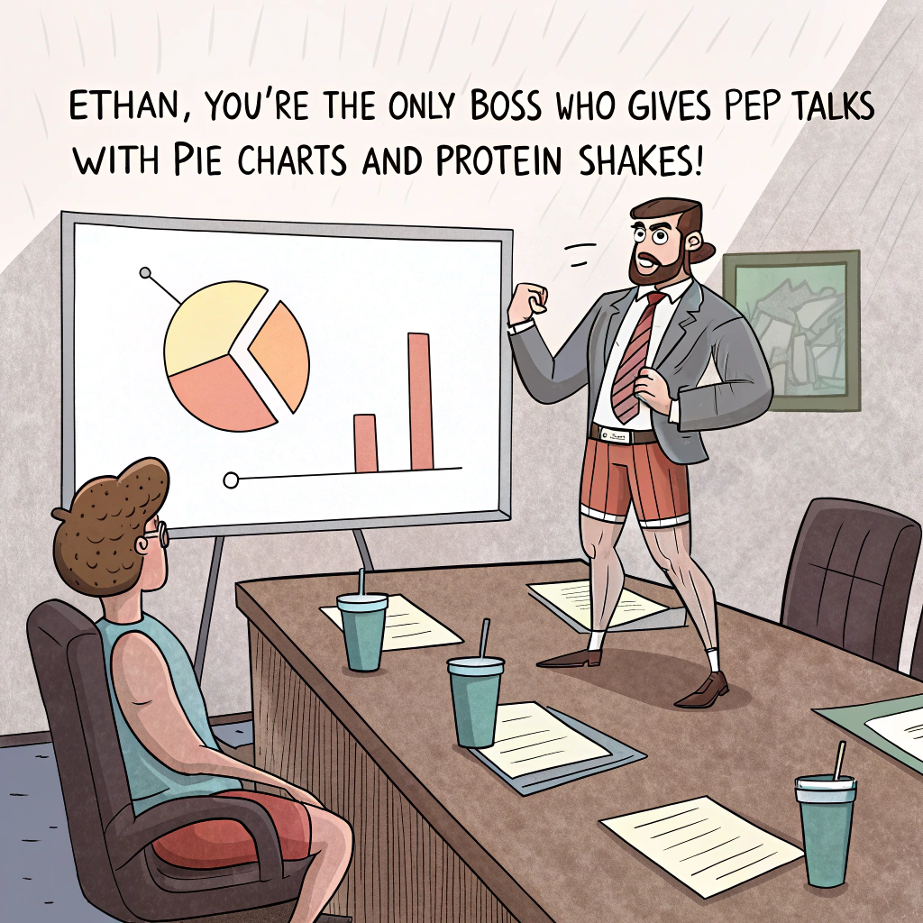 At the top of the image, "Ethan, you're the only boss who gives pep talks with pie charts and protein shakes!"

- Illustrate a humorous cartoon office scene where Ethan, wearing a whistle around his neck and a power suit over gym shorts, stands at the front of a meeting room. Behind him is a flipchart with "Q2 Gains & Glutes" written in bold letters, next to graphs shaped like flexing biceps and spreadsheets doubling as yoga mats.  
- Around the conference table, office workers are half-lifting dumbbells while sipping coffee, taking notes with exaggerated enthusiasm.
- One employee tries to plank under their desk, while another awkwardly attempts a yoga pose while balancing their laptop.  
- Ethan is mid-coach pose, pointing with a protein bar instead of a laser pointer, wearing an intense (yet celebratory) grin.  
- Streamers, birthday balloons, and a big banner reading "Goal Crushing & Cake Smashing!" are in the background.
Generated with these themes: Office boss and coach.
Made with ❤️ by AI.