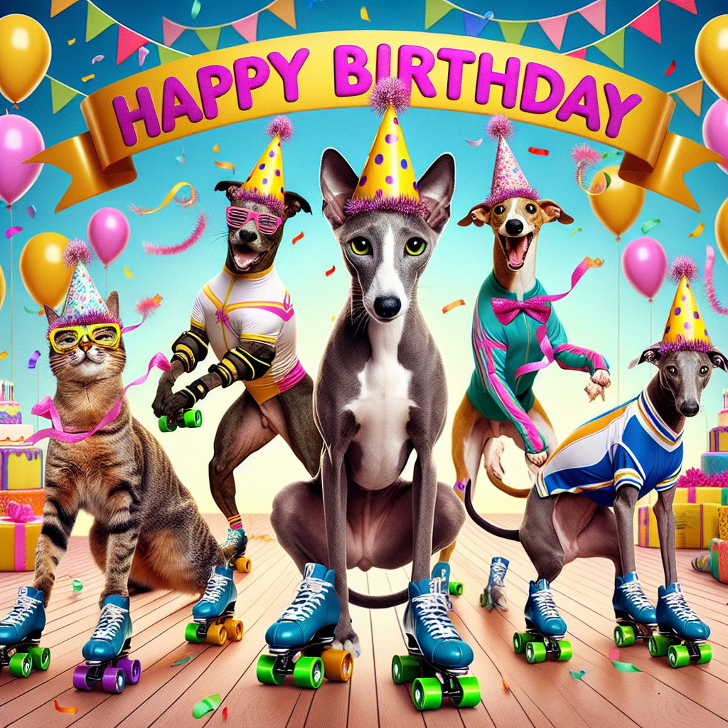 Generate an image with a charming and cute birthday theme. The scene is filled with playful cats wearing party hats and using roller derby gear, showing off humorous and meme-worthy expressions as they skate around. Joining them are a pack of sleek, ribbon-decorated Italian Greyhounds, skillfully weaving through the party. The backdrop includes balloons and streamers shaped like paw-prints, all set underneath a joyous 'Happy Birthday' sign that arches over the energized gathering. The overall atmosphere is one of laughter and enjoyment, brought to life with a touch of cartoonish exuberance.
Generated with these themes: Cats, Roller derby, Memes, and Italian greyhounds.
Made with ❤️ by AI.