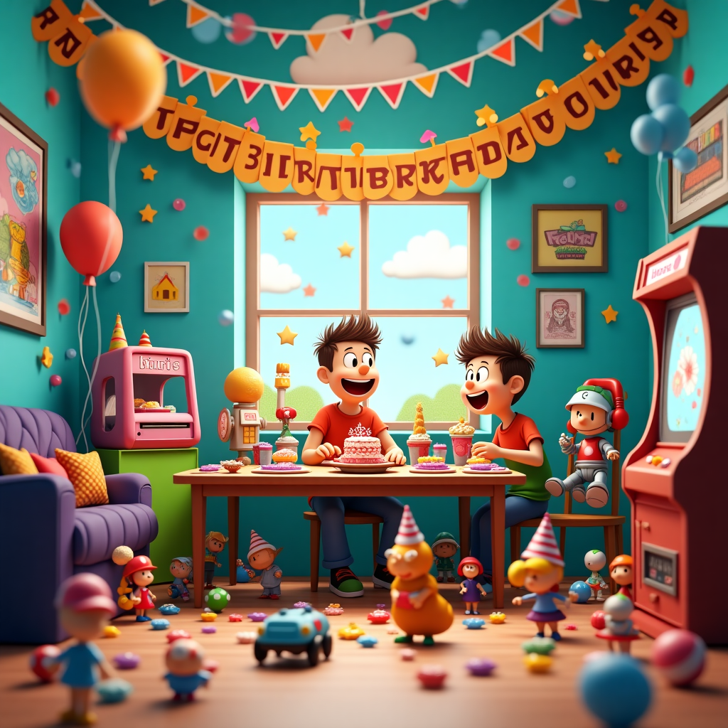 In a vibrant and imaginative birthday scene, we find ourselves in a whimsical room bustling with birthday excitement and bursting with elements of gaming and 3D printing. Picture a large table at the center of the room, overflowing with a vibrant array of party snacks shaped like iconic video game items, such as mushroom cupcakes, pixelated cookies, and joystick-shaped sandwiches. On one side of the table, a comically oversized 3D printer is chugging away, spitting out tiny, intricate action figures of famous video game characters—there's a mini pixelated knight, a blocky race car, and even a polygonal dragon.

In the foreground, a jubilant young gamer is joyfully immersed in a video game console, hands flying over the controller, eyes wide with excitement, as he plays a game that seems to come to life around him. The room's walls are adorned with classic video game posters, and in the corner, a vintage arcade machine is flashing its vibrant lights, standing as a nod to the golden age of gaming.

Above this scene, a vibrant, colorful banner stretches across the top of the room, crafted from 3D-printed letters, and proudly declares "Happy Birthday, Chris!" in a playful font that resembles digital pixel art. On the floor, a small robot—created through the marvel of 3D printing—zips around, amusingly carrying a small birthday cake with Chris' name emblazoned in icing on top.

Floating through the scene are speech bubbles, reminiscent of Charles Schulz's Peanuts, filled with playful dialogue between the gamer and his virtual characters, who seem to be celebrating alongside him, creating a delightful crossover of realities. All around, balloons and streamers fill the room with a vibrant and joyful chaos, inviting Chris to a birthday bash that marries the magic of 3D printing and the beloved world of gaming.
Generated with these themes: 3d printing , Gaming , and Video games .
Made with ❤️ by AI.