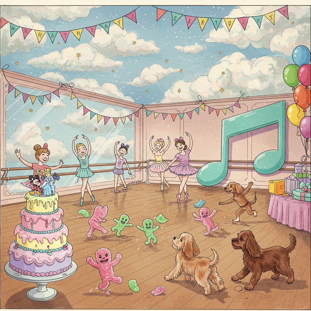 In this vibrant and whimsical birthday card scene, imagine an elaborate hand-drawn illustration that seamlessly weaves together the requested themes. 

**Foreground Elements:**

1. **Dance Studio Setting:**
   - The scene is set inside a charming dance studio, with polished wooden floors and tall mirrors reflecting joyful energy. 
   - A group of young dancers, styled in a mix of classic ballet attire and funky Swiftie-inspired outfits, practice their moves. They wear tutus in shades of pastel pink, mint green, and lavender, mixed with casual Swiftie band t-shirts. 
   - A prominent, oversized music note sculpture, painted in bright shades of teal and magenta, sits by the mirrored wall.

2. **Disney Magic:**
   - Atop a pastel-colored, multi-tiered cake that’s situated on a table to the side, iconic Disney characters like Mickey Mouse and Cinderella make an appearance, sculpted in icing. The cake is dotted with tiny stars and adorned with edible glitter.

3. **Sour Patch Kids Watermelon:**
   - Scattered around the floor are playful, dancing Sour Patch Kids Watermelon gummies, depicted as tiny animated characters with mischievous expressions. Their colors are vibrant pink and green, with a sugar-like texture illustrated in detail.

4. **Cockaspaniels Delight:**
   - Two adorable Cocker Spaniels, with silky coats in rich caramel and chocolate shades, are frolicking around the dancers, their floppy ears animated in mid-bounce. 

**Background Elements:**

1. **Enchanted Sky:**
   - Above the studio, the ceiling transforms into a whimsical sky. It features fluffy clouds shaped like musical notes, painted in soft blues and whites, with subtle golden rays breaking through, reminiscent of Maxfield Parrish’s style.

2. **Banners and Balloons:**
   - Hanging across the studio are colorful, pennant-style banners spelling out "Happy Birthday" in playful, swirling fonts.
   - A specific banner prominently features the words "Miss Katie" in elegant, flowing script, bordered by small, twinkling stars. 

3. **Artistic Inspirations:**
   - The overall composition is detailed and dynamic, with intricate line work that nods to Arthur Rackham’s style and the whimsical flair of Quentin Blake.
   - The illustration maintains a storybook charm akin to Beatrix Potter, with a hint of magic and nostalgia reminiscent of Maurice Sendak's imaginative worlds.

This lively scene, filled with rich, detailed elements and imaginative charm, captures the essence of a birthday celebration, infused with the requested themes.
Generated with these themes: Swiftie, Dance studio, Dancers, Sour patch kids watermelon, Disney, and 2 cockaspaniels.
Made with ❤️ by AI.