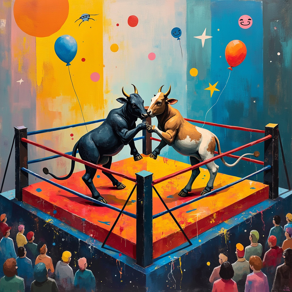 Picture this: An abstract, dynamic wrestling ring takes center stage, composed of geometric shapes reminiscent of Piet Mondrian's lines and squares. The ring ropes are a vibrant tangle of Jackson Pollock-esque splatters in primary colors, crisscrossing wildly but somehow forming a perfect square.

In the ring, two surreal cows—one painted in the blocky, fragmented style of Kazimir Malevich and the other resembling a Joan Miró dreamscape with whimsical swirls and playful dots—are locked in a dramatic wrestling pose. Their hooves are raised, almost touching, amidst a chaotic swirl of Cy Twombly-like scribbles that suggest motion and intensity.

The background is a gradient wash of bold, flat colors inspired by Mark Rothko, transitioning from a deep, moody blue at the bottom to a warm, energetic yellow at the top. Floating above the ring are abstract shapes: a Rothko-inspired orange rectangle that could be a championship belt, and a few de Kooning-like wild, expressive brush strokes that add a sense of frenzied energy.

In the corners of the scene, Agnes Martin's subtle, grid-like lines offer a calm, structured contrast to the chaotic center. These grids might be barely noticeable but serve as a visual frame, grounding the explosive action within the ring.

Above the ring, in a whimsical touch, Gerhard Richter-inspired blurred balloons in soft pastels float upwards, perhaps released by invisible spectators. Each balloon has a tiny, whimsical wrestling mask drawn on it, paying homage to the theme.

Finally, in the top left corner, a Kandinsky-inspired sun bursts with geometric rays, adding a final touch of abstract brilliance to this quirky birthday wrestling showdown. The scene is a riot of color, form, and playful absurdity, perfectly blending the world of cows and wrestling in a way that only an abstract expressionist birthday card could.
Generated with these themes: Cows, and Wrestling.
Made with ❤️ by AI.