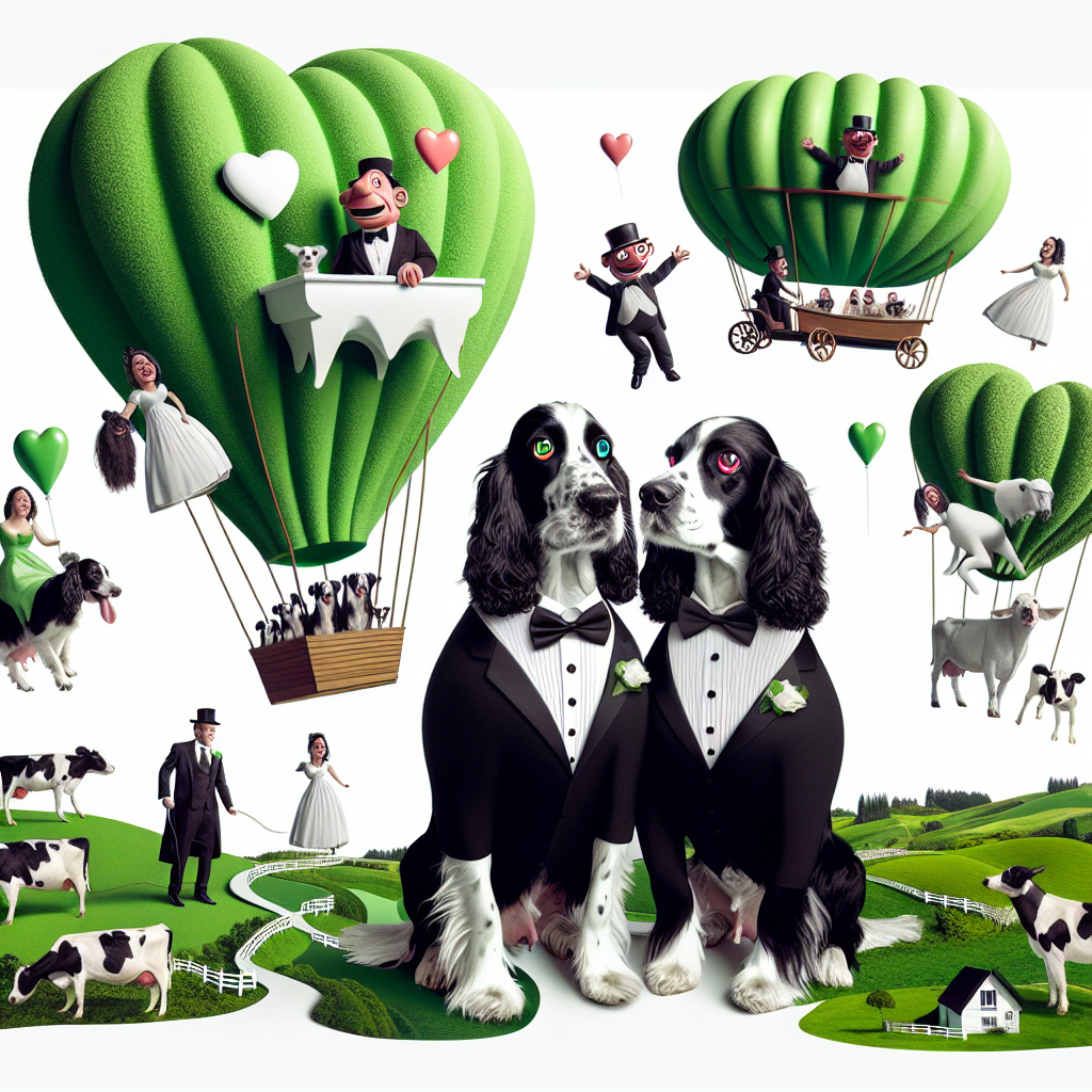 Create an image of a humorous abstract wedding theme depicted on a save-the-date card. The design focuses on two elegantly dressed black and white spaniels at the center, adding an unexpected quirky charm. These dogs are set against the backdrop of an exaggerated version of New Zealand's green dairy farms, complete with significantly oversized cows and cheerful milkmaids. Floating above, there are two whimsical caricatures of a man and woman, simulating a ride in a love-filled hot air balloon. This imaginative compilation represents a unique narrative tied to a couple's special journey.
Generated with these themes: Two Black and white spaniels, Dairy farming in new zealand, and  Rosie and Jim .
Made with ❤️ by AI.
