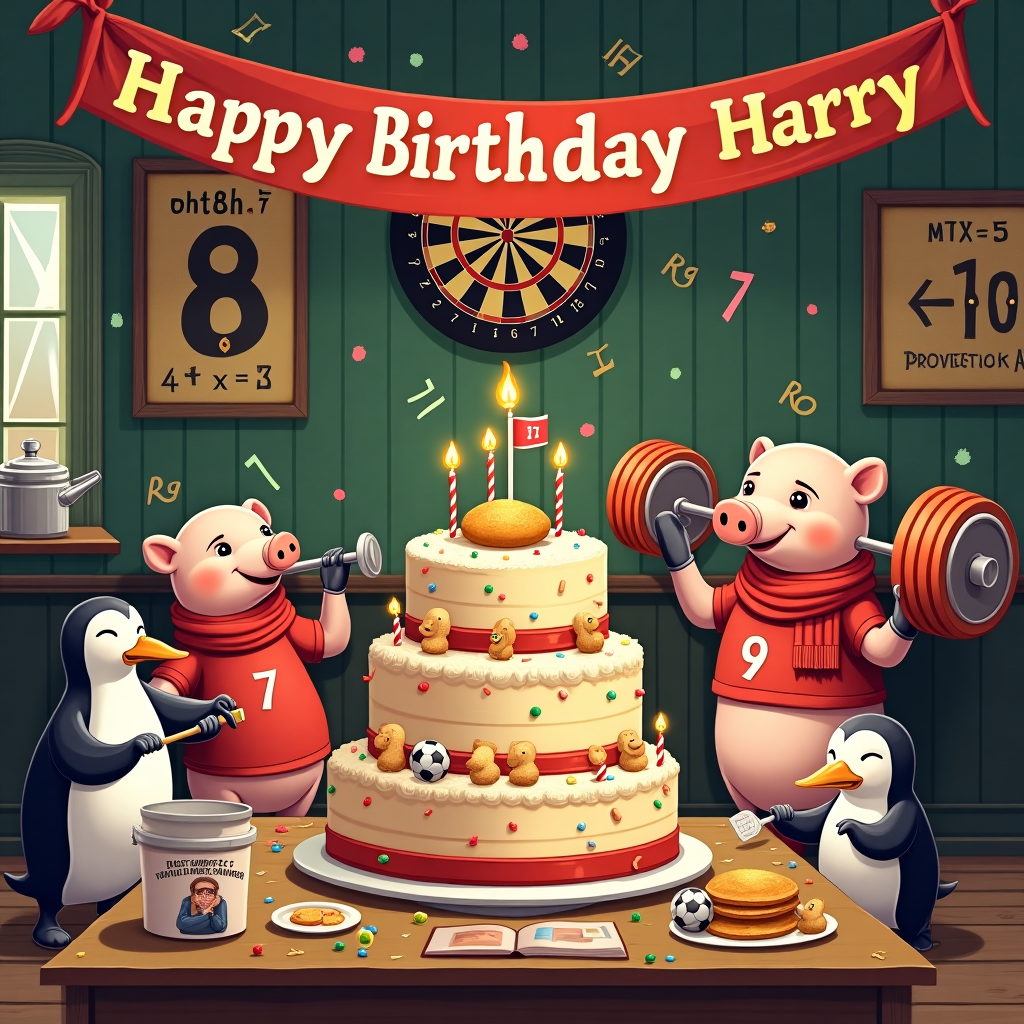 Front Cover Illustration:

The scene is set in a lively, vibrant pub with a lively atmosphere, where various elements come together in a delightful, whimsical birthday celebration.

1. **Central Focus - Birthday Cake:**
   - In the center, there's a large, three-tiered birthday cake placed on a wooden table. The cake is adorned with miniature figurines of otters and penguins, each wearing red and white scarves resembling the colors of Liverpool Football Club. A tiny soccer ball sits atop the cake, and candles are shaped like numbers adding up to a mathematical equation (e.g., 7 + 3 = 10). 

2. **Background - Pub Setting:**
   - The background is a traditional English pub interior, with dark wooden paneling and vintage dartboards hanging on the walls. One dartboard prominently displays a bullseye hit with a dart that has a Liverpool FC flag attached to it.

3. **Right Side - Weightlifting Pigs:**
   - On the right, a pair of cartoonish pigs are attempting to lift a barbell. The barbell is comically heavy, with weights that are actually oversized roast potatoes, hinting at a roast dinner theme. The pigs are wearing Liverpool jerseys, one with the number "9" and the other with "6."

4. **Left Side - Cooking Penguins:**
   - On the left, a group of penguins are engaging in a culinary escapade. They're standing around a stove, where pots and pans bubble with imaginary dishes. One penguin is flipping a pancake with a spatula, while another holds a cookbook titled "Roast Dinner Recipes" with a playful illustration of Harry the otter on the cover.

5. **Banner:**
   - Above the entire scene, a colorful banner hangs, strung across the room. The banner reads "Happy Birthday Harry" in bold, celebratory letters, with confetti patterns surrounding the text.

6. **Additional Details:**
   - Small mathematical equations are subtly integrated into the pub's wallpaper, alongside tiny Liverpool FC logos.
   - A dart player in the background can be seen with a concentrated expression, aiming for a perfect score.
   - The color scheme incorporates rich reds, greens, and warm browns, reminiscent of both a traditional pub and the vibrant colors of a birthday celebration.

Overall, the cover is a bustling, detailed montage that brings together sports, culinary arts, and whimsical animal characters, creating a unique and personalized birthday card design for Harry.
Generated with these themes: Otters, Penguins, Liverpool football club, Pigs, Darts, Cooking, Roast dinners, Maths, and Weightlifting.
Made with ❤️ by AI.