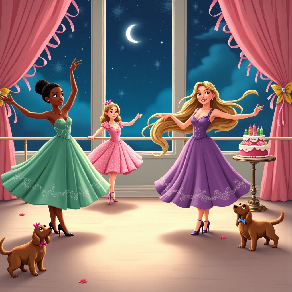 In the foreground of the birthday greeting card, set a delightful dance studio scene where Princess Tiana and Princess Rapunzel are gracefully poised in elegant dance poses. Tiana, with her iconic green ball gown, has one arm elegantly outstretched, with her dress adorned with delicate silver sparkles that catch the light. Rapunzel, in her classic lavender dress, twirls her long, golden hair around like a shimmering ribbon. The hem of her dress is embroidered with intricate floral patterns in soft pastel shades, reminiscent of Beatrix Potter's detailed flora.

To the side, Taylor Swift stands poised with her guitar, wearing a stylish red dress reminiscent of the 1950s style, inspired by Norman Rockwell's Americana. Her dress has white polka dots and a flared skirt, with a vintage microphone on a stand nearby.

The backdrop features an expansive mirrored wall, reflecting the scene with soft, warm lighting. Studio barres are adorned with pastel pink ribbons that cascade downwards, creating a whimsical effect, much like the fantastical worlds of Maurice Sendak.

On the dance studio floor, two light brown cocker spaniels play. The female wears a tiny pink bow atop her head, matching the studio ribbons, while the male sports a charming blue bow tie. Their fur is illustrated with fine lines, akin to the detailed animal drawings by Arthur Rackham.

A decorative cake stands on a side table, with "Miss Katie" elegantly scripted on a fondant banner across the top in a swirling, calligraphic style reminiscent of Aubrey Beardsley's intricate designs. The cake itself is adorned with small edible figures of Sour Patch Kids Watermelon, vividly colored in greens and pinks, with their sugary surfaces glinting like Maxfield Parrish's ethereal tones.

In the background, a window shows a glimpse of a starry night sky, twinkling with tiny dots of white and silver. This sky backdrop is detailed with swirling clouds in deep blues and purples, inspired by Gustave Doré's celestial scenes.

Overall, the scene is alive with dynamic details, vibrant colors, and delicate linework, creating a card that captures the eye with its rich storytelling imagery.
Generated with these themes: Princess Tiana, Princess Rapunzel, Dance Studio, Dancers, Taylor Swift, 2 light brown cockaspaniels, one girl with bow, one boy with bow tie, and Sour Patch Kids Watermelon.
Made with ❤️ by AI.