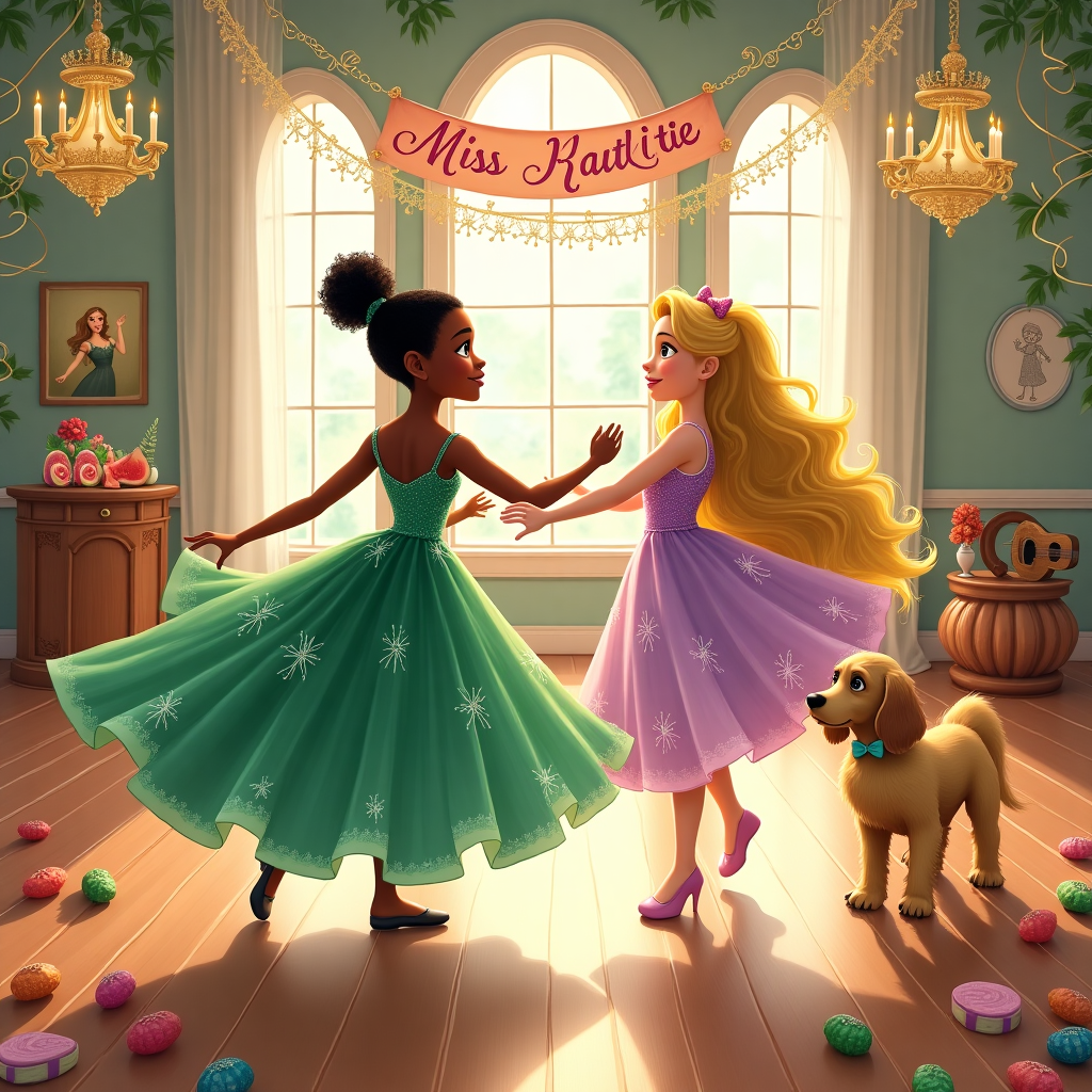 Imagine a vibrant and enchanting birthday scene bustling with whimsical details that celebrate both the fairy-tale magic of Princess Tiana and Princess Rapunzel and the contemporary allure of a dance studio filled with creativity and joy.

**Central Focus**: In the foreground, Princess Tiana, dressed in her iconic green gown adorned with delicate, shimmering lily pads, twirls gracefully with Princess Rapunzel, whose long, flowing golden hair encircles them like a gleaming ribbon. Rapunzel is wearing a pastel purple dress with intricate floral embroidery reminiscent of Beatrix Potter's tender touch.

**Dance Studio Setting**: The backdrop features a sophisticated dance studio with polished wooden floors reflecting the glow from the large, arched windows, inspired by Norman Rockwell's realism. Soft, sheer curtains billow slightly, and elegant chandeliers hang from the ceiling, casting gentle light across the room.

**Taylor Swift Presence**: On one side of the studio, a mural on the wall depicts Taylor Swift, styled with Quentin Blake's lively linework, holding a guitar. Her outfit is a playful mix of bohemian patterns and modern chic.

**Cocker Spaniels**: Among the dancers, two light brown Cocker Spaniels prance about, with ears flopping and tails wagging. One wears a pink bow atop her head, while the other sports a dapper blue bow tie, adding a touch of Maurice Sendak's charming character.

**Sour Patch Kids Watermelon**: Scattered across a corner table, a playful pile of Sour Patch Kids Watermelon candies gleam with a sugar-dusted sparkle, their vibrant pink and green hues echoing the palette of Maxfield Parrish.

**Text Element**: Above this lively scene, a banner strung across the top of the dance studio reads "Miss Katie" in elegant, swirled lettering, with each letter resembling a different dancer's pose, a nod to the intricate designs of Aubrey Beardsley.

**Additional Details**: The entire illustration is framed by a decorative border of twirling vines and delicate flowers, drawing inspiration from Arthur Rackham’s graceful natural motifs, adding a layer of detailed complexity and charm.

The overall color scheme is a harmony of soft pastels and vibrant accents, providing a delightful contrast reminiscent of N.C. Wyeth’s dynamic compositions.
Generated with these themes: Princess Tiana, Princess Rapunzel, Dance Studio, Dancers, Taylor Swift, 2 light brown cockaspaniels, one girl with bow, one boy with bow tie, and Sour Patch Kids Watermelon.
Made with ❤️ by AI.