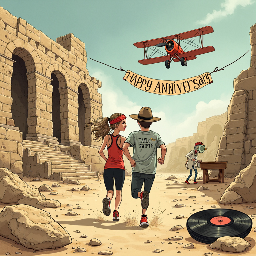 In the foreground of the anniversary card, there's a whimsical, hand-drawn scene of an ancient archaeological dig site. Dusty ruins of what appear to be a Roman amphitheater form the backdrop, with crumbling pillars and scattered relics around. The amphitheater is cleverly adorned with Taylor Swift posters and lyrics subtly etched into the stonework, as though she was an ancient goddess revered in this historical setting. At the center of the scene, a couple is dressed in modern athletic gear, mid-stride, as they sprint through the dig site. The woman wears a red "Swiftie" headband and the man has a vintage Taylor Swift tour t-shirt, adding a fun pop culture twist to the ancient setting. The couple’s sneakers kick up small clouds of dust and pebbles as they run, and a trail of music notes follows them, blending Taylor Swift's iconic imagery with the ancient ruins. Nearby, a quirky archaeologist with a wide-brimmed hat and magnifying glass is studying a broken artifact that hilariously resembles a vinyl record of Taylor Swift's "1989" album. In the sky above, a banner flies behind a vintage biplane, spelling out "Happy Anniversary" in a playful, cursive script. The entire scene is rich with quirky details and humor, combining the themes of running, ancient history, and Taylor Swift into a lively and memorable anniversary greeting.
Generated with these themes: Running , Acience, and Taylor swift.
Made with ❤️ by AI.