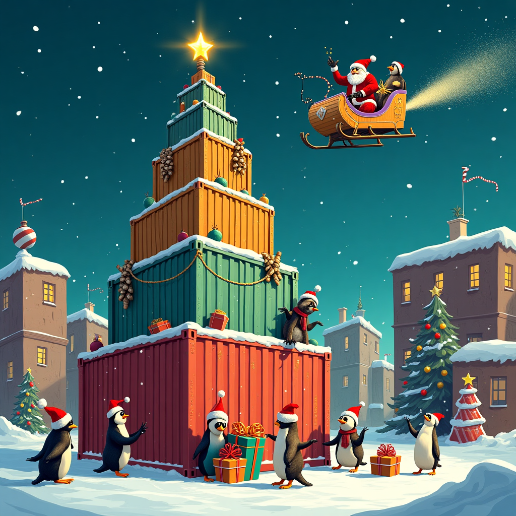 In the foreground of the illustration, imagine a towering Christmas tree constructed entirely from vibrantly colored shipping containers, each stacked precariously yet artfully to form a triangular shape resembling a traditional evergreen. The containers range from classic Christmas colors like rich reds and lush greens to quirky pastels and metallic hues, each adorned with oversized whimsical ornaments that resemble giant nuts and bolts, as if a team of industrious elves had repurposed industrial materials for festive use. Surrounding the base of this unconventional tree, a group of jubilant penguins, clad in oversized, exaggerated winter hats and scarves, are busy arranging a chaotic pile of mismatched presents, some humorously oversized and others comically tiny. Among the penguins, a mischievous raccoon, wearing a Santa hat askew, is playfully attempting to climb the container tree with a string of glowing lights in its mouth, adding an extra touch of chaos to the scene. In the background, a snow-laden cityscape can be seen, with buildings festively decorated with enormous candy canes and baubles, giving the impression that the entire town has embraced this quirky Christmas spirit. High above, a flying sleigh made of welded scrap metal, helmed by a robotic Santa Claus, zooms across the sky, leaving a glittery trail of stardust that twinkles against the twilight backdrop.
Generated with these themes: Shipping containers christmas tree.
Made with ❤️ by AI.