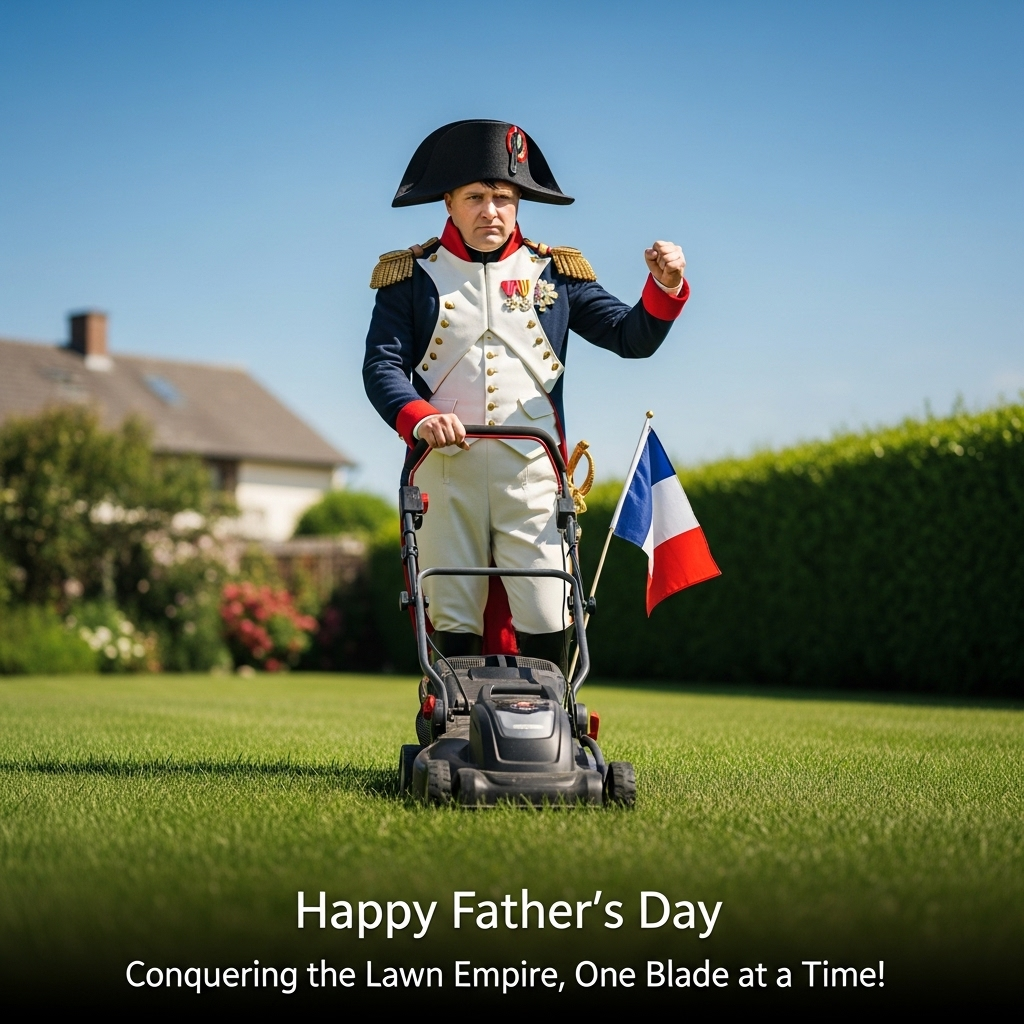 At the bottom of the Photorealistic picture taken from a camera image, "Happy father's day".

---

**Image Prompt:**

In a picturesque suburban garden under a clear blue sky, Napoleon Bonaparte, complete with his iconic hat and military regalia, is mowing the lawn with a modern electric lawnmower. The scene is captured in ultra-high-definition 4K, with vibrant green grass stretching out around him, each blade glistening under the sunlight. His expression is a humorous mix of concentration and triumph, as if leading his troops into battle, but against the unruly grass. Nearby, a small French flag flutters from the lawnmower's handle. In the background, the outline of a cozy home and a neatly trimmed hedge frame the scene. The caption below reads: "Conquering the Lawn Empire, One Blade at a Time!"
Generated with these themes: Napoleon Bonaparte, Mowing the lawn, and .
Made with ❤️ by AI.