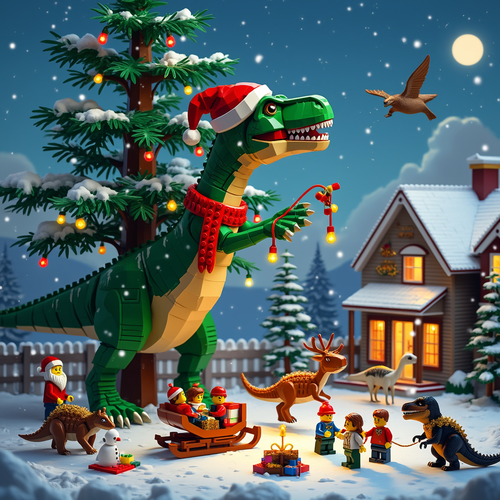 Imagine a bustling, snowy Christmas Eve in a cozy suburban backyard. The scene centers around a gigantic, festive Tyrannosaurus Rex, wearing a Santa hat that’s comically small for its massive head, and a red and white scarf that drapes down its neck. This T-Rex is hilariously struggling to hang up oversized Christmas lights on a towering pine tree. The lights are strung with colorful Lego bricks as bulbs, each brick glowing with holiday cheer. The T-Rex's tiny arms are clearly not up to the task, so a team of industrious Lego minifigures, dressed in elf costumes, is aiding the effort.

On the ground, a Lego Christmas village is in full swing. There are Lego reindeer pulling a sleigh made of interlocking bricks, with a Lego Santa Claus at the helm. Near the sleigh, a group of children made from Lego pieces is building a snowman, but instead of traditional coal and carrot, they’re using tiny Lego pieces for the eyes, nose, and buttons.

In the background, a triceratops adorned with a string of golden tinsel is towing a sled filled with wrapped presents, each box a perfect Lego creation. A pair of pterodactyls, each with a scarf flapping in the wind, are flying overhead, carrying a banner that reads “Merry Christmas” spelled out in Lego bricks.

The scene is set against a backdrop of snow-capped mountains and a clear night sky dotted with stars and a glowing full moon. Snowflakes gently fall, some of them being caught on the outstretched tongues of playful Lego figures scattered throughout the scene. At the base of the tree, a stegosaurus is using its spiked tail to carve out a pathway through the snow, which leads to a Lego-built nativity scene under the tree, complete with a miniature Lego baby Jesus, Mary, and Joseph.

This whimsical and detailed scene captures a fantastical Christmas world where dinosaurs and Lego figures come together to celebrate the holiday season in the most imaginative way possible.
Generated with these themes: Dinosaurs , and Lego.
Made with ❤️ by AI.