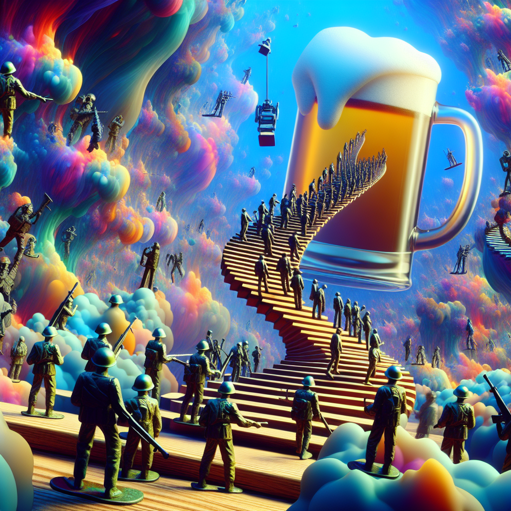 Create an image with a dreamlike birthday party occurring amidst chaos. Show vibrant shades and distorted shapes representing the flexible nature of reality. Display toy soldiers, tin and unyielding in their rigid patterns, ascending an infinite staircase, their deliberate steps in harmony with the party-goers' happy dances. At the top of this improbable climb, show a large, foamy beer mug hovering in the air, like a beckoning oasis. The guests are seen navigating unseen paths hanging in the void, their laughter a part of the surreal landscape that disrupts all norms.
Generated with these themes: War, climbing, walking, beer.
Made with ❤️ by AI.