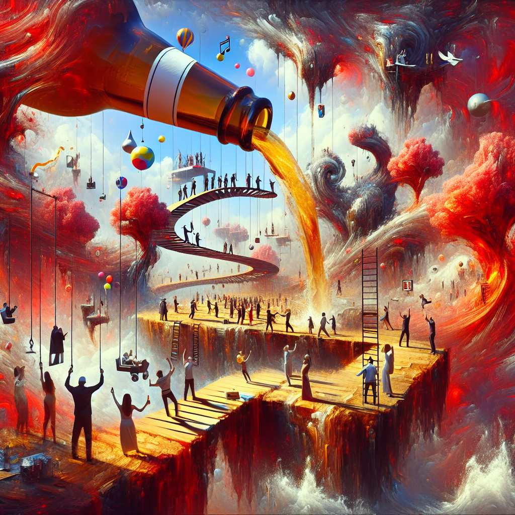 A birthday party unfolds amidst surreal abstract dimensions. The background captures elements of conflict with abstract splashes of red and chaotic patterns creating a dramatic contrast to the otherwise joyous occasion. There are climbing ropes and ladders bridging floating islands, each hosting snippets of celebration. Figures are depicted walking on twisted paths that defy gravity, all moving towards a monumental beer bottle that pours an endless stream of amber liquid in defiance of gravity. The scene captures the energy of celebration entwined with impossibilities, embodying a fantastic celebration.
Generated with these themes: War, climbing, walking, beer.
Made with ❤️ by AI.