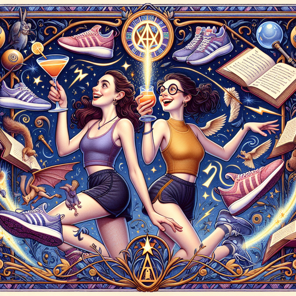 An enchanting scene that borrows ideas from the realm of wizardry and mystery. Two sisters, one of Caucasian descent and the other of Middle-Eastern descent, are enjoying a festive moment; each holding a cocktail glass and celebrating their common love for exercise with depictions of animated sneakers running in place. They're toasting their glasses against a fanciful backdrop of floating spellbooks, a sign of their fascination for magic and knowledge. Subtle elements from popular wizardly eyewear and a distinctive lightning bolt symbolic of magical prowess are delightfully integrated into the border, bringing alive the captivating theme.
Generated with these themes: Harry potter, cocktails, exercise, sisters.
Made with ❤️ by AI.
