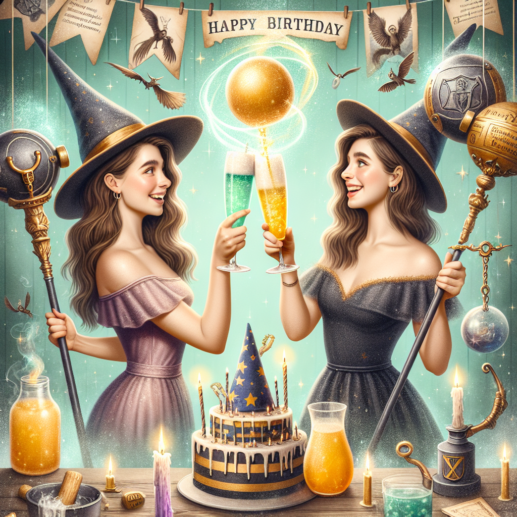 A delightful birthday scenario with a fantastical wizard theme and a spirited twist. Two sisters, portrayed as spellcasters with staffs in hand, share a toast with mystical, fizzing potions. Behind them, bewitched strength-training weights hover mid-air, hinting at their mutual enthusiasm for fitness. The backdrop is embellished with subtle references to a magical school, including a wizard's hat used for deciding students' houses and a fleeting golden orb, enhancing the celebratory and magical atmosphere.
Generated with these themes: Harry potter, cocktails, exercise, sisters.
Made with ❤️ by AI.