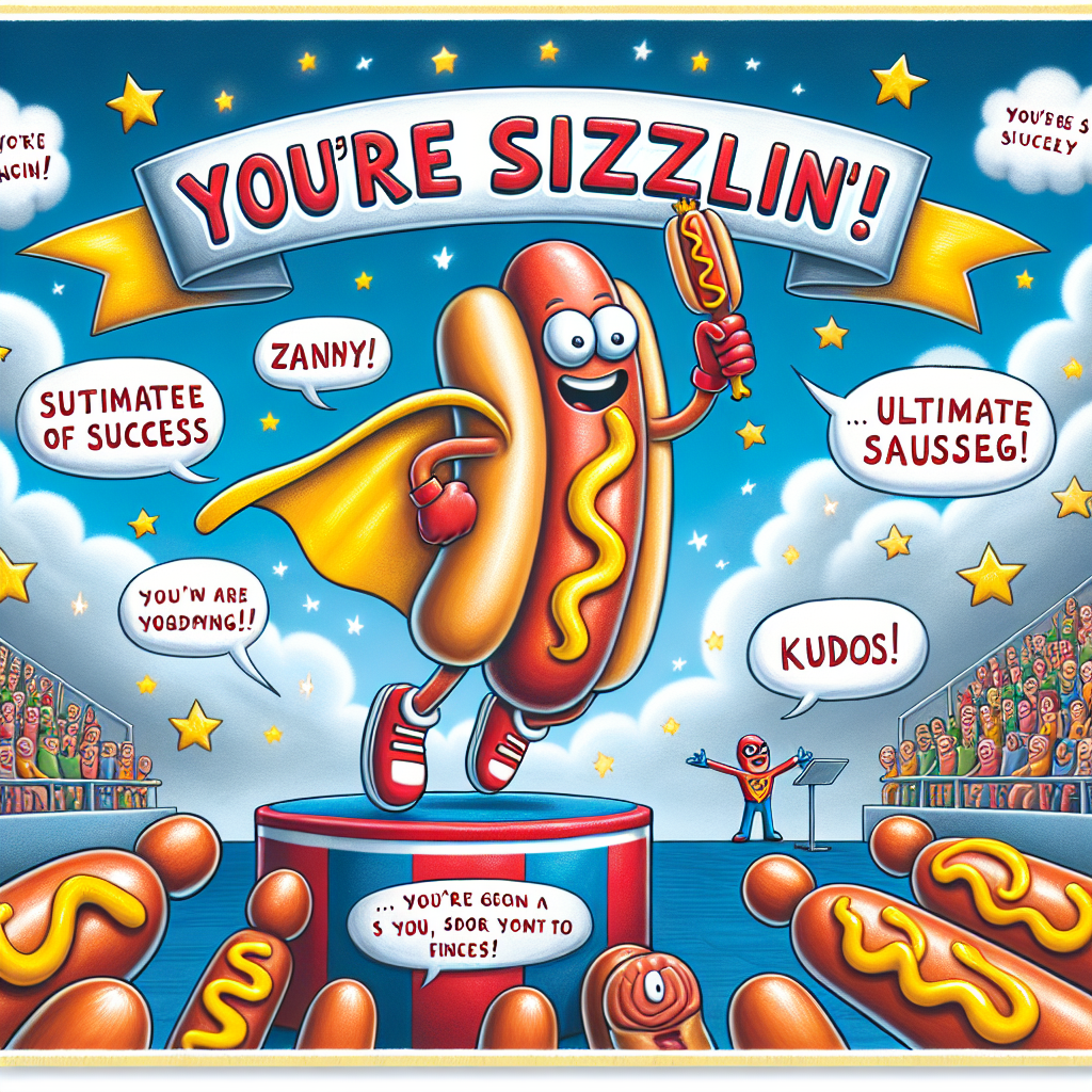 Visualize an imaginative scenario where a lively hotdog character adorned in superhero attire swiftly sails across a sky with the quirky words 'You're Sizzlin'!' written in it. Beneath, a cartoon figure, beaming with pride, holds a position on a podium labeled 'Ultimate Sausage of Success', skillfully juggling sausages that form the word 'Awesome'. The atmosphere is buzzing with positive energy, with spontaneous speech bubbles making an appearance around the scene, filled with playful compliments such as 'Zany!' and 'Kudos!'
Generated with these themes: Silly words, Being awesome , and Sausages.
Made with ❤️ by AI.