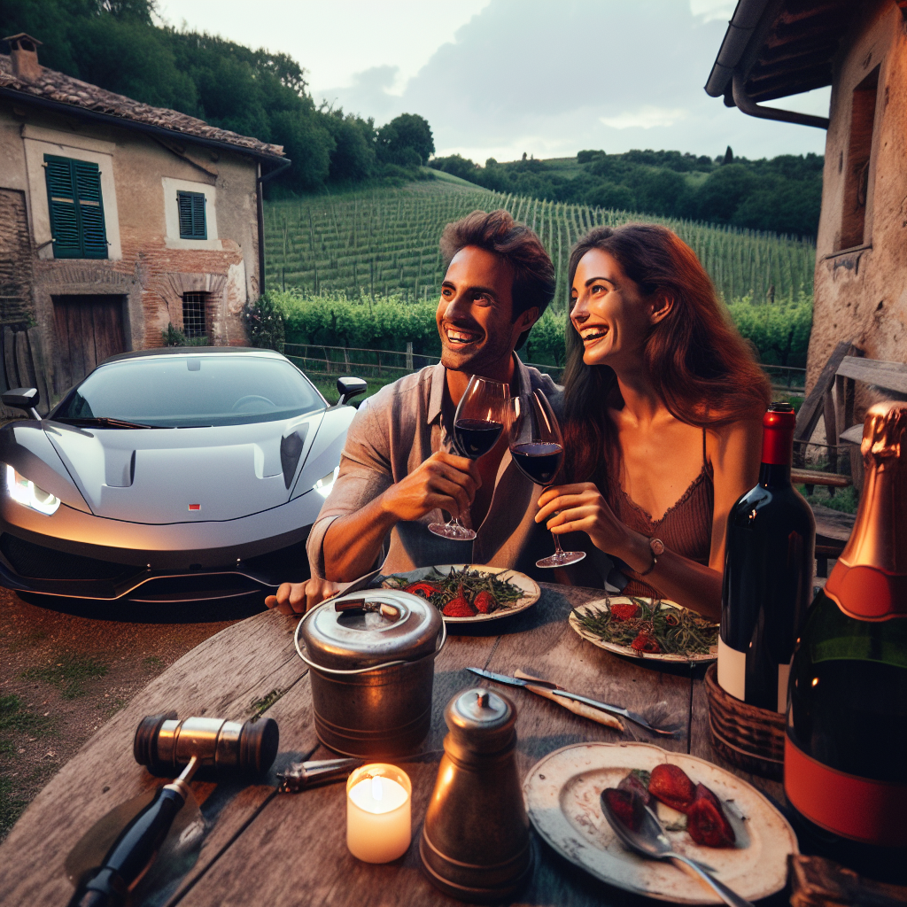 A couple marking their anniversary in the rural tranquillity of Italy at a pub with an antiquated aesthetic. With expressions of joy, they indulge in rich red wine sourced from nearby vineyards, their happy moments ensconced by the greenery and rustic details of their environment. A sleek, luxury sports car, signifying their adventurous nature, is parked outside, posing a contrast against the peaceful backdrop. As twilight nears, the sound of a champagne cork releasing is the herald to an evening resonating with laughter, affection, and the close, personal atmosphere generated by the Italian countryside.
Generated with these themes: Italy , Countryside , Porsche , Red wine, Champagne , and Pub.
Made with ❤️ by AI.