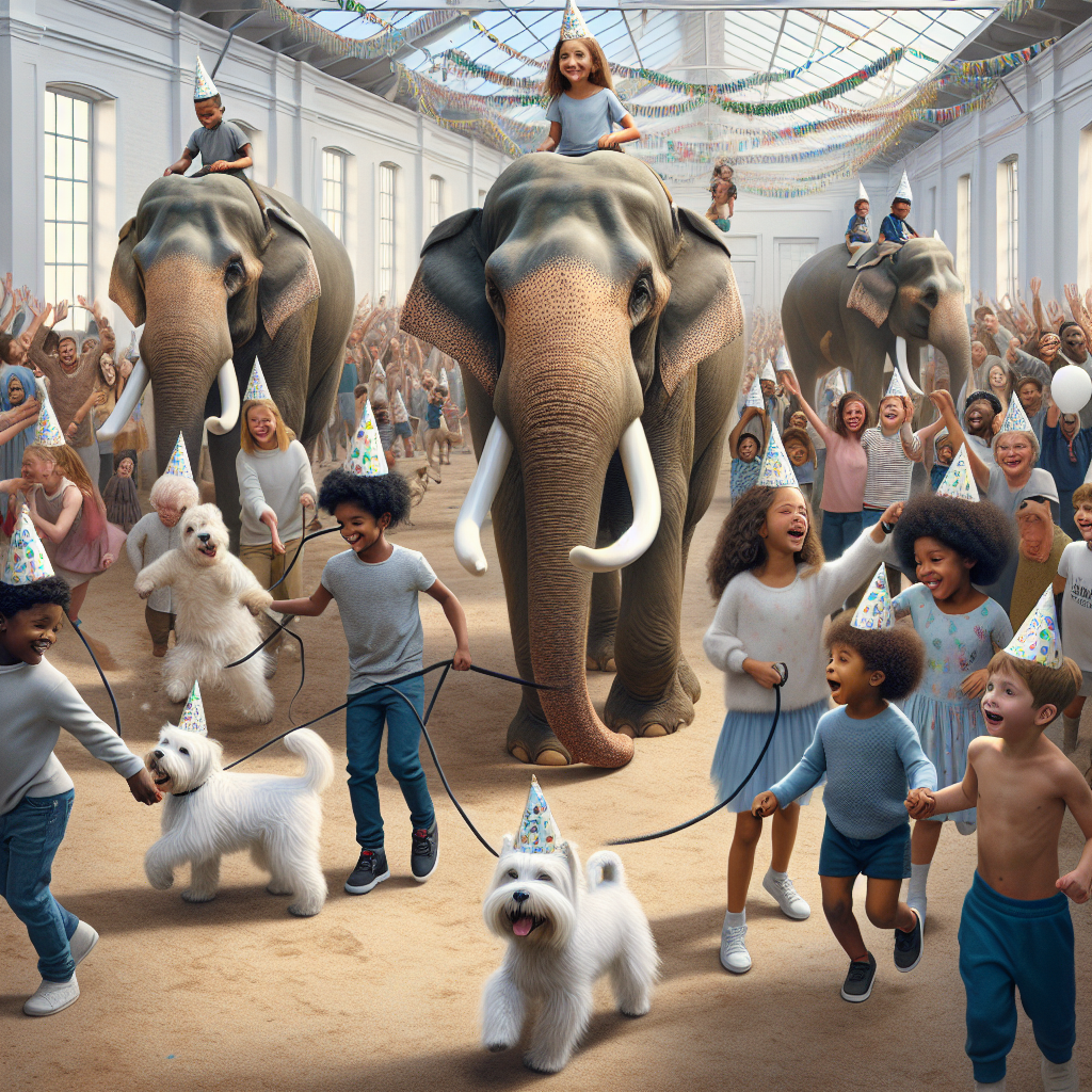 Imagine an indoor birthday party filled with joy and laughter. In the center of this lively scene, a few gentle, carefully trained elephants offer rides to children of various descents such as Caucasian, Hispanic, Black, Middle-Eastern, South Asian, and White. Each elephant is adorned with a custom-fit birthday cap, which suggests a humorous twist on a classic celebration. As an additional playful element, white terriers with festive streamers on their collars run haphazardly amidst the crowd of various descents and genders, dodging between legs and completing the playful yet impossibly realistic scene.
Generated with these themes: Elephants , and White bull terriers.
Made with ❤️ by AI.