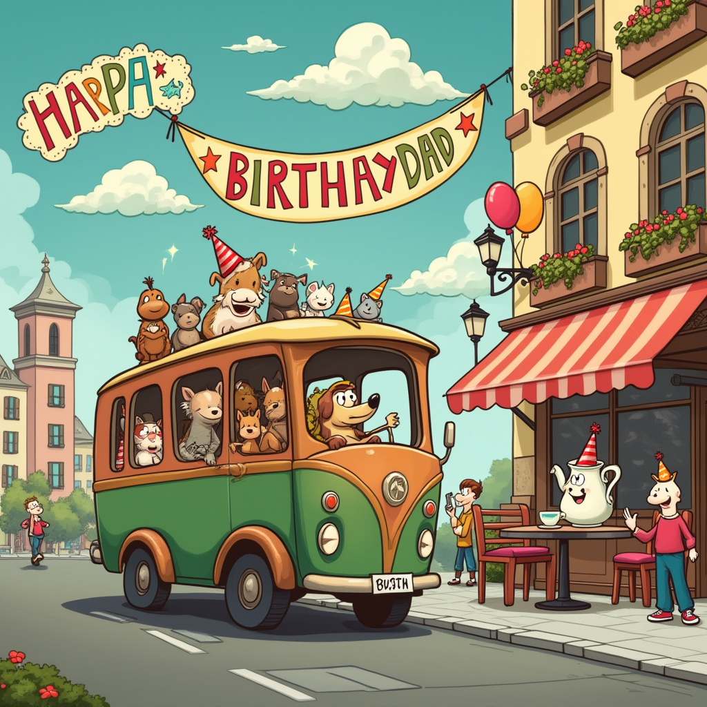 In this delightful cartoon birthday scene, we find ourselves on a bustling yet charmingly quaint city street. At the forefront, a whimsical brown and green bus, whimsically designed with playful, exaggerated curves and oversized windows, rumbles down the road. Its wheels are humorously large, giving the bus an almost comical personality. The bus driver, a cartoon dog with a jaunty cap and an infectious smile, waves merrily at passersby. Peering out from the windows are a diverse mix of cheerful cartoon animals, each with party hats perched atop their heads.

In the sky above, fluffy white clouds are cleverly arranged to spell out "Happy Birthday Dad," as if the universe itself is joining in the celebration. A vibrant banner hangs across the street from two lamp posts, also reading "Happy Birthday Dad," written in bold, colorful letters, with playful balloon motifs on either side.

Adjacent to the bus stop, there's a quaint little café with a charming outdoor seating area. On one of the tables, an anthropomorphic teacup character sits cross-legged, sipping from a straw poking out of its own brim. The cup is decorated with a quirky, smiling face and a monocle, giving it an air of whimsical sophistication. Next to it, a small teapot with arms pours itself a cup of steaming hot tea, its face lit up with a sense of accomplishment.

In the background, a vintage-inspired building, reminiscent of a European comic strip, provides a colorful backdrop, its facade painted in warm pastels with flowering window boxes. Pedestrians, depicted as a menagerie of cartoon critters and humans, go about their day, some stopping to admire the scene, adding to the joyful chaos of this birthday celebration. The overall composition captures a sense of lively celebration, with every element contributing to the delightful absurdity of the scene.
Generated with these themes: Brown and green bus, and Cup of tea.
Made with ❤️ by AI.