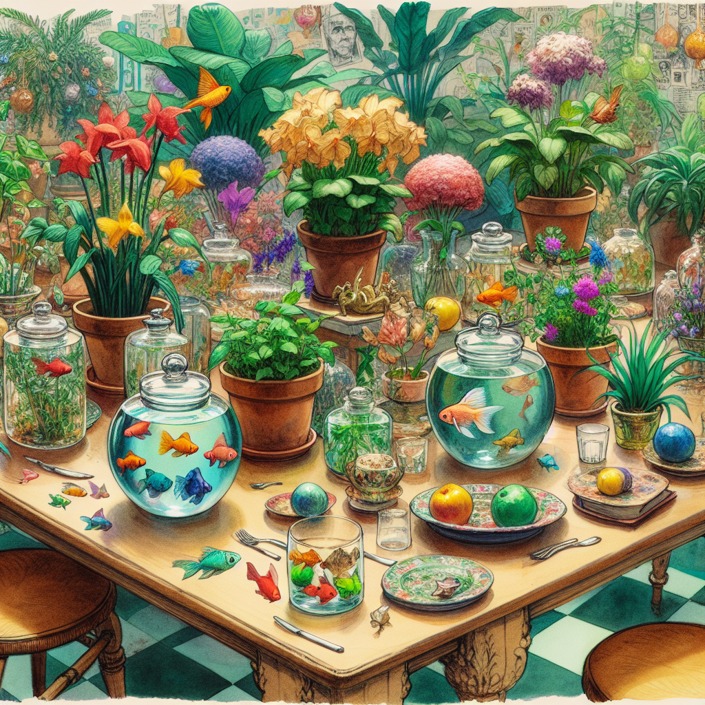 Illustrate a whimsical birthday setting filled with vibrant potted plants on each table, curated meticulously to augment a cozy and chilling atmosphere. Amidst the abundant foliage, incorporate delicate fishbowls holding a variety of colorful fish, contributing a serene touch to the space. However, infuse an unexpected, eerie twist with the presence of subtle motifs related to mysterious unsolved crimes, noticeable in small decorative figurines and hidden within ambiguous artwork, creating a peculiar contrast to the otherwise festive and life-like celebration. 
Generated with these themes: Plants, Serial killers, and Fishbowls.
Made with ❤️ by AI.