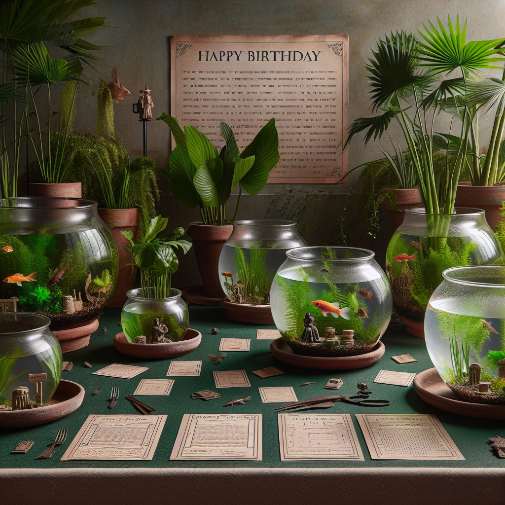 This is a unique birthday scene that harmoniously intertwines nature and the macabre. Lush green plants in terracottas pots give off an earthy vibe, adding a touch of tranquillity. Alongside, clear fishbowls are placed strategically in which fish appear to be swimming gracefully. Subtly threaded throughout the room are small non-specific figurines and information cards dispersed among the vegetation. They do not represent any specific individuals or events, but create a captivating aura and spark conversation with their antiquity. All elements together create a unique, conversational ambiance filled with nature and historical intrigue.
Generated with these themes: Plants, Serial killers, and Fishbowls.
Made with ❤️ by AI.