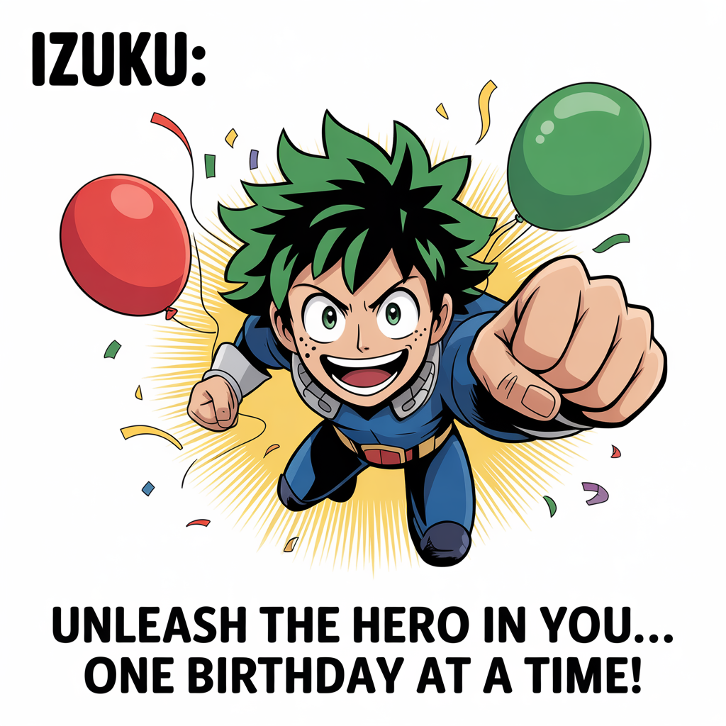 At the top of the image, "Izuku:"

   At the bottom of the image, "Unleash the Hero in You... One Birthday at a Time!"

   - In the center of the image, illustrate a vibrant cartoon scene featuring a heroic character with green, spiky hair striking a dynamic pose. He’s surrounded by playful confetti and balloons, with exaggerated expressions of joy and determination. His eyes gleam with excitement as if ready to leap into action, embodying both a birthday celebrant and a true hero.
Generated with these themes: Hero, and .
Made with ❤️ by AI.