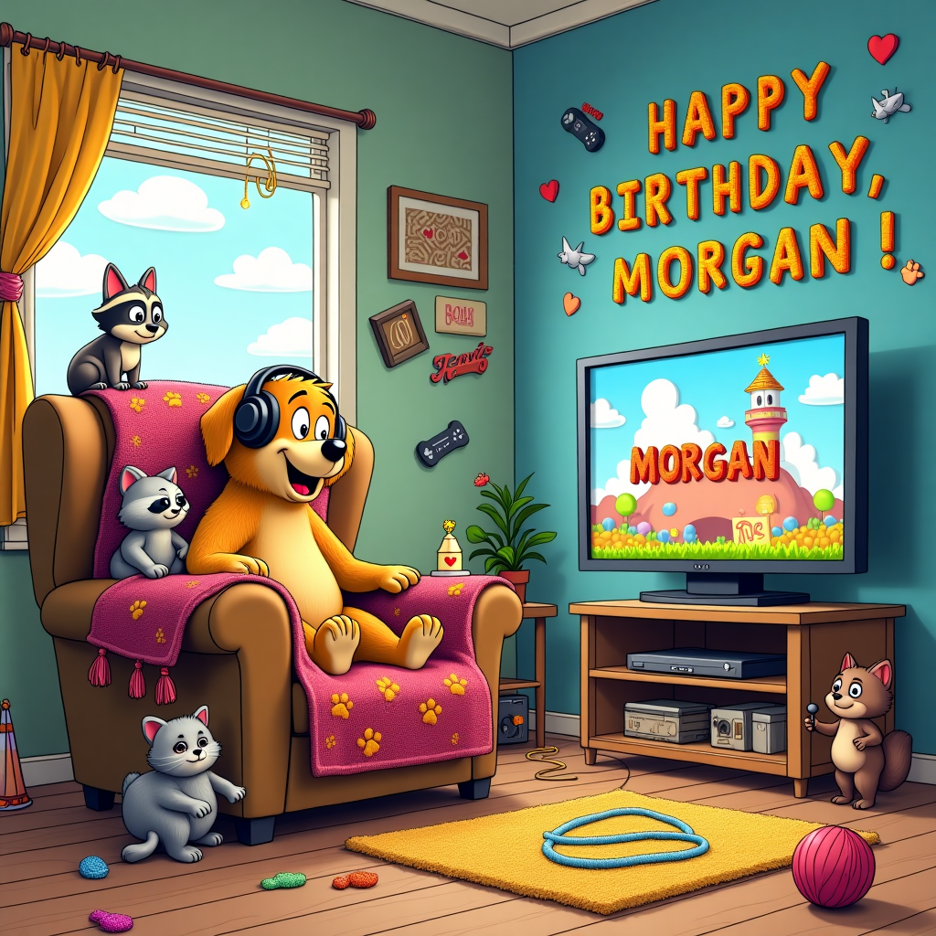 In this whimsical cartoon birthday scene, imagine a cozy living room setting with a vintage twist, inspired by classic comic styles. In the center, an oversized armchair, adorned with a crocheted blanket featuring playful paw prints, is the throne of a jovial Golden Retriever, wearing gamer headphones. Its eyes are wide with excitement, glued to a large flat-screen TV displaying a colorful, action-packed video game. Beside the chair, a fluffy, mischievous raccoon is crouched, holding a joystick with its dexterous paws, intensely focused on the game. To the left, a curious tabby cat, sporting a tiny crocheted beanie, is perched on the arm of the chair, playfully swatting at a ball of yarn that's unraveling into a loop-de-loop trailing across the floor.

On the wall behind the armchair, a large crochet mural spells out "Happy Birthday, Morgan!" with each letter formed from a combination of yarn in bright colors, and small dangling gaming icons—controllers, joysticks, and pixel hearts—woven into the tapestry. Above this lively scene, a window reveals a sunny sky, where fluffy clouds shape the letters of Morgan's name, floating whimsically among cartoonish birds and a paper plane with a birthday banner. Scattered around the room are subtle nods to the birthday theme: a cake stand with a dog bone-shaped cake, a party hat askew on the floor, and a cheerful balloon floating lazily towards the ceiling. This scene captures a delightful collision of interests, embodying the humor and joy of a quirky birthday celebration for Morgan.
Generated with these themes: Crochet, Dogs, Cat, Raccoon, and Gaming.
Made with ❤️ by AI.