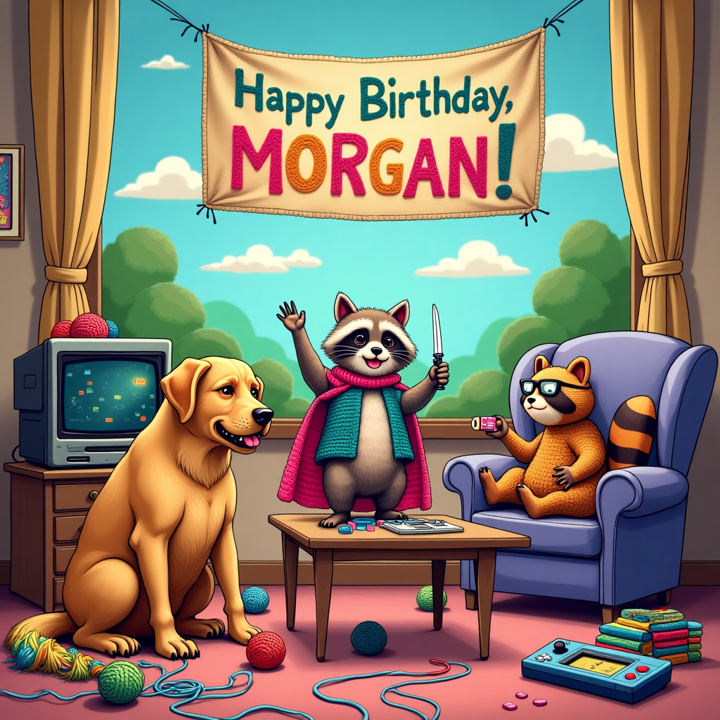 In the heart of a vibrant, cartoonish living room, a whimsical birthday party unfolds with a delightful mix of chaos and charm. On the left side of the card, a dog, a golden retriever with a mischievous twinkle in its eye, is tangled up in a ball of rainbow-colored crochet yarn. Its paws are in a playful tussle with the yarn, which snakes across the floor like a psychedelic river. Beside it, a sophisticated cat, wearing tiny glasses perched at the tip of its nose, is seated on a plush armchair, furiously pawing at a handheld gaming console. The cat's tail, twitching with focus, is knitted with a crochet pattern reading "Level Up" in colorful letters.

In the center, a raccoon, dressed in a crochet-crafted superhero cape, is standing atop a coffee table, striking a heroic pose. With one hand, it holds a crochet hook like a sword, and with the other, it gestures towards a floating banner above its head. The banner, crafted from knitted fabric and delicately hovering in mid-air, spells out "Happy Birthday, Morgan!" in big, bold letters, each letter carefully crocheted with unique patterns.

Scattered around the room are various gaming paraphernalia: a vintage joystick, an open board game with dice rolling off the edge of the table, and a stack of colorful game cartridges beside an old-school console that’s still glowing. The wall behind them is adorned with a giant crochet tapestry depicting a pixelated landscape reminiscent of classic video games, where each pixel is a stitched square. Through the window, the sky is visible, with clouds softly shaped like playful animals — a nod to the gathering’s fun-loving spirit.

The room is a riot of textures and colors, each character deeply engaged in their quirky activities, all under the playful and watchful gaze of Morgan’s celebratory message, making this a unique and joyful scene that celebrates creativity, companionship, and the joys of gaming, all wrapped up in a yarn-inspired embrace.
Generated with these themes: Crochet, Dogs, Cat, Raccoon, and Gaming.
Made with ❤️ by AI.