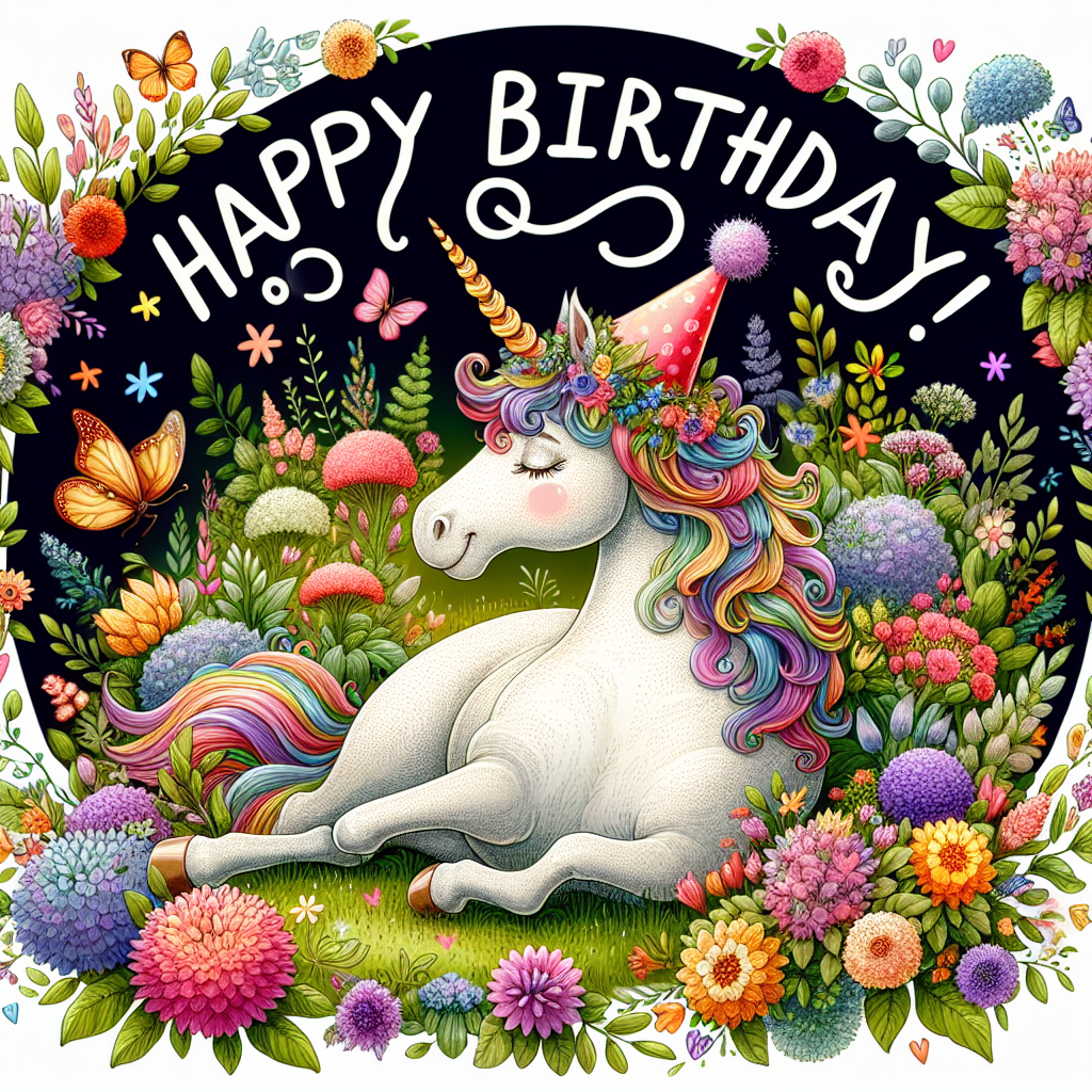 The scene showcases a chubby, smiling unicorn sitting amidst a garden of colorful flowers and butterflies. A party hat jauntily placed on its head, with the words 'Happy Birthday!' elegantly written in cursive within a floral wreath hanging above.
Generated with these themes: Unicorn.
Made with ❤️ by AI.