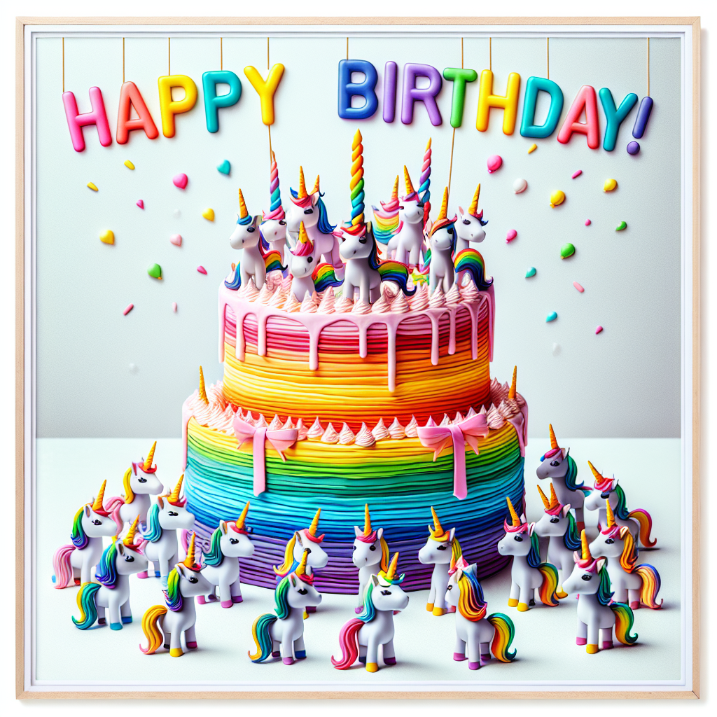 An adorable illustration where a group of tiny unicorns are clustered around a large, rainbow-layered birthday cake, each with a different colored horn that matches the icing layers. Above them floats the text 'Happy Birthday!' in fun, multi-colored letters, adding to the festive vibe.
Generated with these themes: Unicorn.
Made with ❤️ by AI.