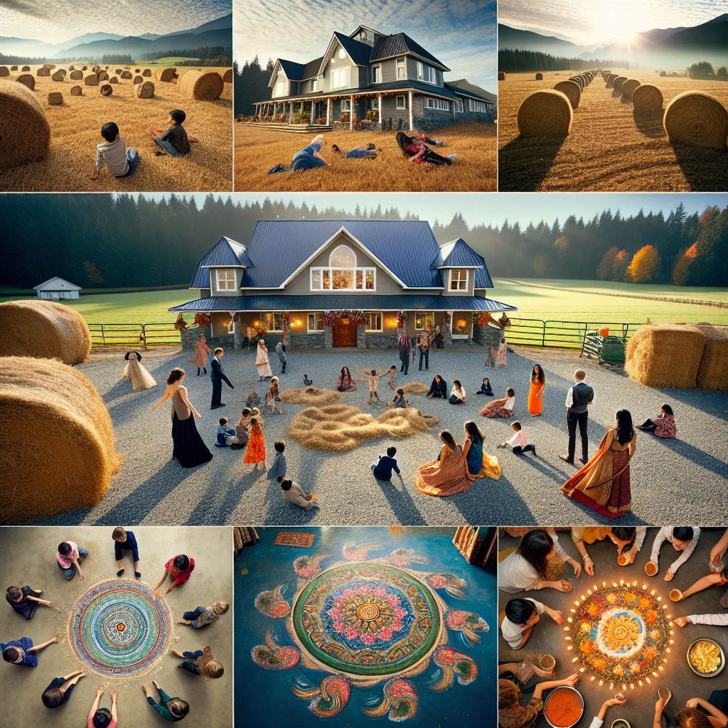 Underneath a clear blue sky, a countryside farmhouse in Vancouver is transformed into a festive haven for a birthday celebration. The building and the surroundings mirror the rich blend of Indo-Canadian traditions. Caucasian and South Asian children joyfully play among haystacks, the sound of their laughter permeating the open fields. The scent of traditional Indian food drifts from the kitchen, a tempting promise of a multi-flavored feast to come. Indian spiritual symbols, such as diyas (oil lamps) and rangoli (colorful floor designs), are elegantly incorporated into the decor, providing an air of tranquility. This celebration beautifully merges the rustic charm of the Canadian countryside with the lively energy of Indian culture, perfectly encapsulating a heartwarming fusion of life, family, and the strong connection between two distinct homelands.
Generated with these themes: Grandkids, Farm house, Indian food, Spirituality, India, Canada, and Vancouver.
Made with ❤️ by AI.