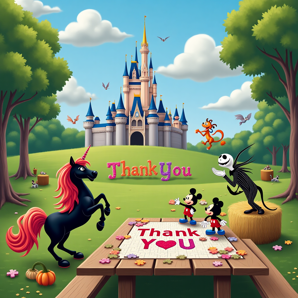 Picture this fantastical scene: In a vibrant meadow, there's a giant jigsaw puzzle board set up on an oversized wooden picnic table. The pieces are scattered about, but intriguingly, they form the outline of Cinderella Castle, which is being meticulously pieced together by none other than Mickey Mouse and Goofy. The castle puzzle pieces shimmer with a touch of pixie dust, giving a magical touch to the whole scene. Nearby, a black-bodied unicorn with a fiery red mane prances gleefully, its hooves appearing to tap dance on the grassy knoll. Its mane cascades like a flowing crimson river, catching the light with every move. To the right, Jack Skellington from "The Nightmare Before Christmas" is perched on a hay bale, amusingly juggling an assortment of brightly colored gummies that are shaped like tiny pumpkins and bats. Behind them, a lush grove of trees rises, and within the foliage, the words "Thank You" are cleverly spelled out with colorful puzzle pieces, each piece being held aloft by enchanted forest creatures like squirrels and chipmunks. High in the sky, fluffy white clouds form the silhouettes of classic Disney characters, such as Dumbo and Simba, looking down with endearing expressions, completing this whimsical gratitude scene.
Generated with these themes: Puzzles, Disney Characters, Black bodied unicorn with red hair, Nightmare Before Christmas, and Gummies.
Made with ❤️ by AI.