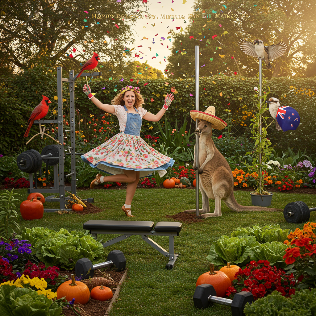 **Image Prompt:**  
At the top of the realistic photograph image, *“Happy Birthday, Mirella – Time to salsa while planting pumpkins, eh mate?”*

Create a hyper-realistic photograph featuring a cute, joyful outdoor garden scene at golden hour. Mirella (a cheerful woman with gardening gloves and sparkly dance shoes) is mid-Latin-dance twirl with a kangaroo in a sombrero holding a trowel. Around them, there’s a gym bench press covered in flowering vines, dumbbells nestled in garden beds full of Canadian maple leaves and Aussie native flowers. A red cardinal and a kookaburra are perched on opposite ends of a dance pole sprouting from a pot of blooming lettuce. Confetti is falling like fairy lights, and everything has a charmingly surreal yet believable realism—cute animals, gardening chaos, fitness flair, and dance party energy collide in a joyous, birthday celebration.
Generated with these themes: Latin Dancing, Gardening, Australia, Canada, and Gym.
Made with ❤️ by AI.