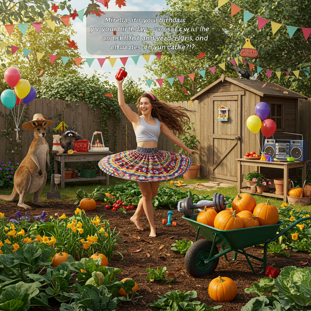 At the top of the realistic photograph image: "Mirella, it's your birthday—so salsa with the squash and deadlift a daffodil, eh mate?!"

**Image Prompt:**  
A vibrant and cute realistic photograph of a sunny backyard garden that blends cultural elements from Australia and Canada. In the center, a joyful young woman with flowing hair and gym gear is Latin dancing barefoot in the soil, surrounded by a lush vegetable patch. She's spinning with a red bell pepper in each hand, mid-twirl, striking a playful dance pose beside a wheelbarrow full of pumpkins and gym dumbbells. A curious kangaroo in a straw hat watches from the left while a raccoon wearing gardening gloves peeks from behind a potting bench. Maple leaves gently float through the air alongside eucalyptus branches strung like party bunting above. Brightly colored birthday balloons bob near a rustic garden shed, and a boom box in the corner blasts festive Latin tunes. Everything is soaked in warm golden-hour light for that magical cute, cozy feel.
Generated with these themes: Latin Dancing, Gardening, Australia, Canada, and Gym.
Made with ❤️ by AI.