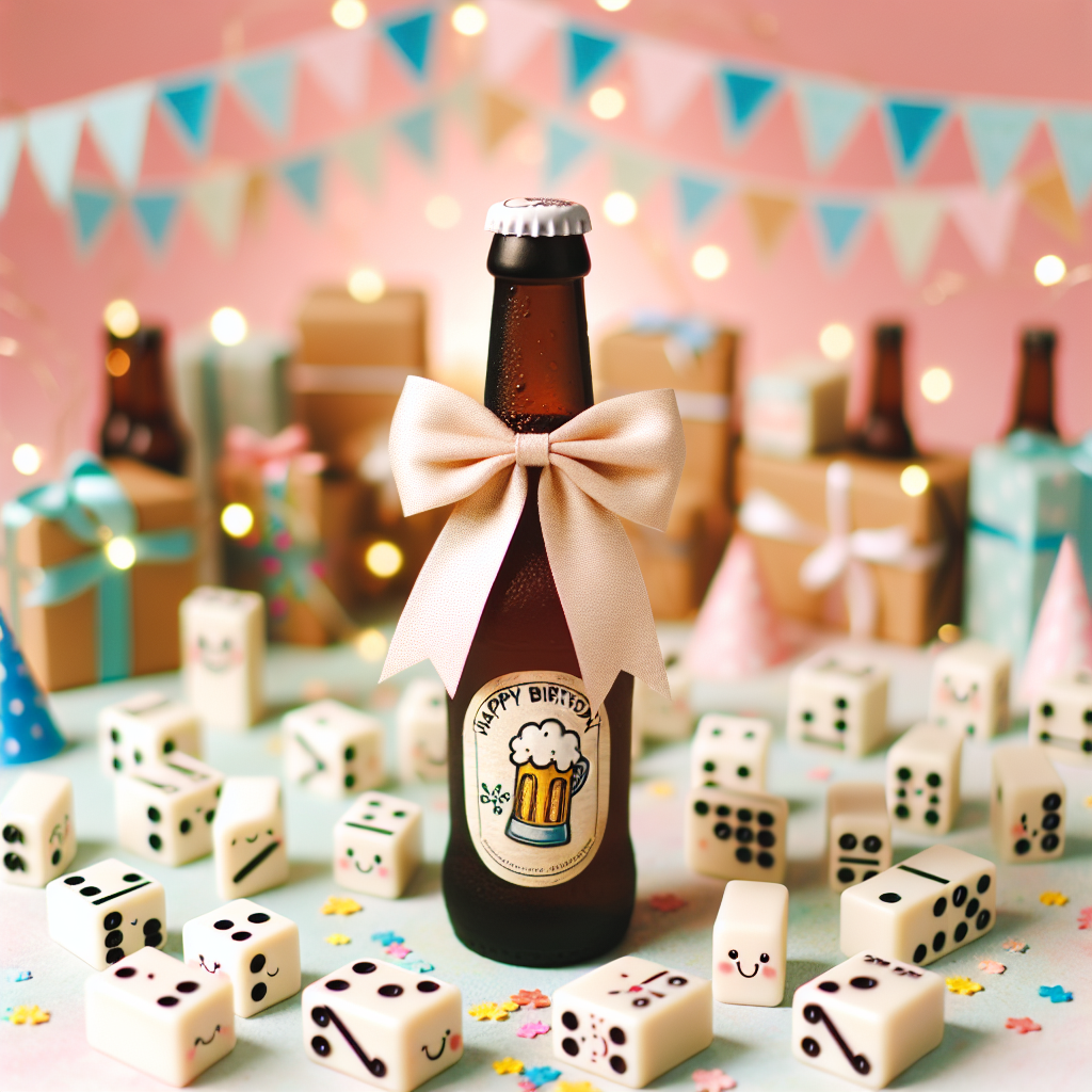 Imagine a heartening scene with a festively wrapped beer bottle taking the center stage, decorated with a bow, symbolising gaiety. It's surrounded by a cascade of domino tiles in a joyful disarray, reflecting the amusing essence of birthday games. Each of these tiles highlights a cute little doodle, adding to the charm. The background is adorned by soft pastel garlands and miniature flags, forming a backdrop that subtly portrays the sentiment of 'happy birthday' in the language of understated celebration.
Generated with these themes: Beer, dominoes .
Made with ❤️ by AI.