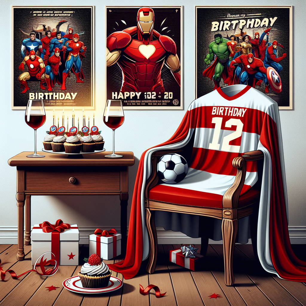 Create an endearing birthday illustration that features a radiant red and white football jersey draped over a chair, with a glass of red wine poised elegantly on a nearby table. On the walls of the room in the background, present graphic posters imbued with superhero symbolism, without referring to any specific copyrighted characters or universes. Complete this scene with a festive display of mouth-watering party food, inclusive of cupcakes garnished with mini footballs and generic superhero emblems, subtly suggesting a homely celebration for an enthusiast of sports matches, fine wine, and comic book heroes.
Generated with these themes: Arsenal, Red wine, Marvel, and Food.
Made with ❤️ by AI.