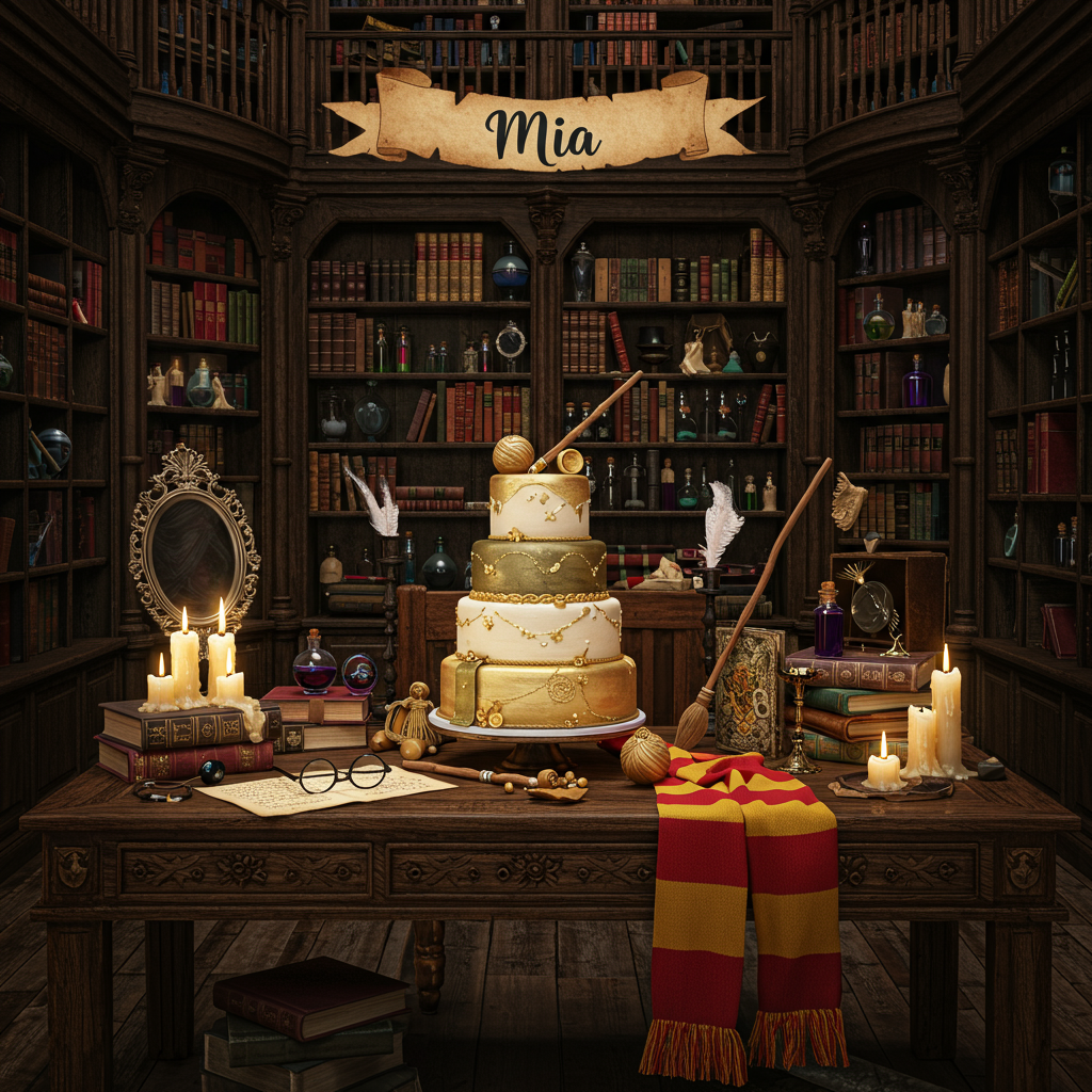 **Front Cover Description:**

**Setting:**  
A magical library reminiscent of the one at Hogwarts, with towering bookshelves reaching up to a vaulted ceiling. The scene is lit by floating candles that cast a warm, flickering glow over everything. The colors are rich and deep—emerald greens, burgundy reds, and royal blues dominate the palette, interspersed with the dark, aged wood of the shelves.

**Foreground Elements:**  
In the center, there's a grand wooden table intricately carved with ancient runes and mythical creatures. On the table sits a three-tiered cake decorated with elements from the wizarding world: golden snitches, miniature broomsticks, and spellbook motifs. The cake is predominantly in hues of creamy white with gold accents, topped with a shimmering wand in edible gold.

**Books and Props:**  
Surrounding the cake are various open books, their pages filled with magical scripts and animated illustrations. A pair of round spectacles, similar to Harry Potter's, lies next to an enchanted quill scribbling notes of its own accord. A bright red and gold Gryffindor scarf drapes over the edge of the table.

**Background Elements:**  
The bookshelves are adorned with potions in glass vials that glimmer with iridescent liquids. Occasional enchanted objects hover slightly off the shelves, like a silver enchanted mirror reflecting the candlelight and a set of charmed wizarding chess pieces frozen mid-game.

**Incorporating "Mia":**  
Above the scene, a small banner floats in mid-air, crafted from parchment and written in ink that sparkles as if infused with stardust. The text on the banner reads simply: "Mia", in a flowing, elegant script that suggests movement, as if it might rearrange itself at any moment.

This composition blends elements of a magical world with the festivity of a birthday, all captured in a photograph-like style that brings every detail to life.
Generated with these themes: Harry Potter library.
Made with ❤️ by AI.