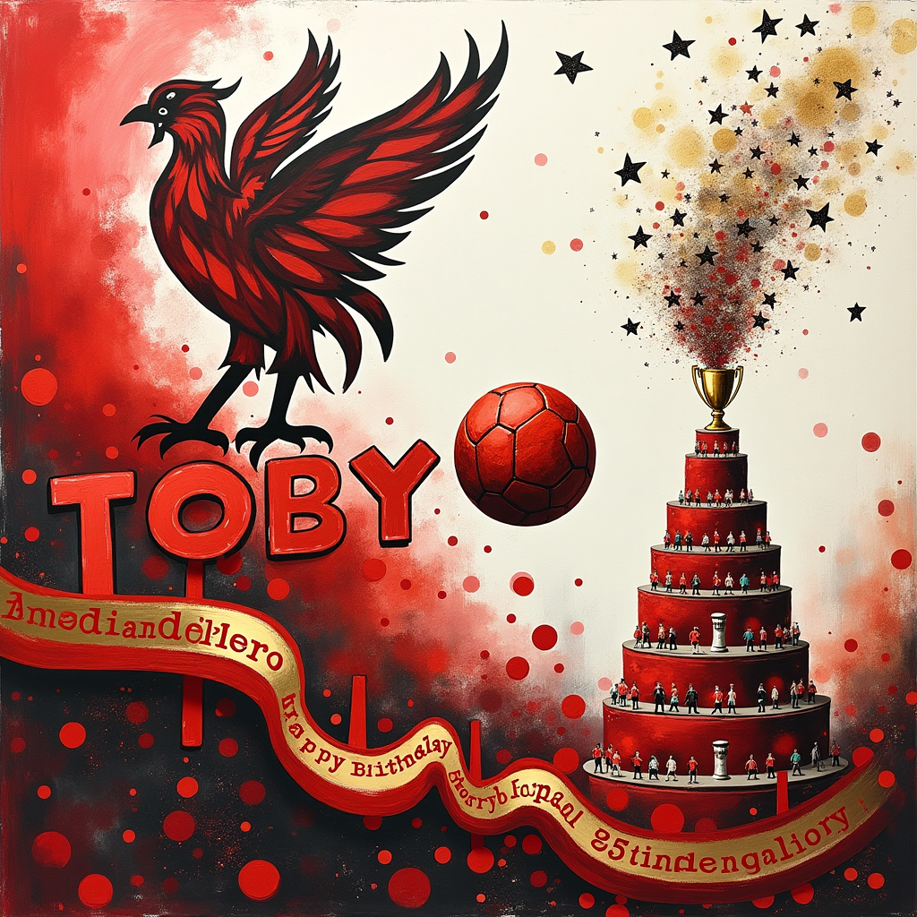In this surreal, abstract birthday scene, a dynamic and dreamlike composition celebrates both Toby's special day and Liverpool Football Club's legacy. The backdrop is a swirling kaleidoscope of reds and whites, reminiscent of Jackson Pollock's splattered technique, where lines and shapes intertwine like energetic echoes of a cheering stadium. Against this background, a bold, oversized Liverbird—iconic to Liverpool FC—is cleverly constructed in the style of a Mondrian grid, using vibrant blocks of color that contrast with the chaotic surroundings.

At the scene's center, a giant football spins in mid-air, rendered in the manner of Kandinsky, its surface a mosaic of geometric shapes and abstract symbols. Beneath this floating orb, a ribbon-like pathway, painted in de Kooning’s fluid brushstrokes, twists and turns, forming the letters "TOBY" in large, jubilant loops that unfurl across the card like a celebratory banner.

To the left, an abstract cake emerges from the dreamscape, crafted with Rothko-esque layers of red and gold rectangles, each tier depicting a different victorious moment in Liverpool FC’s history. On the right, a collage of football boots and scarves drift upwards, seemingly propelled by a gentle gust, their outlines softened into Miro-inspired curves and whimsical forms.

The sky above is a wash of Twombly-style scribbles, where the phrase "Happy Birthday Toby" is embedded within a constellation of stars that twinkle with glimmers of gold and silver, echoing the grandeur of a star-studded night over Anfield. This dreamscape captures the spirit of the team and the joy of Toby's birthday, inviting the viewer into a world where art, sport, and celebration converge in a fantastical vision.
Generated with these themes: LIVERPOOL FOOTBALL CLUB .
Made with ❤️ by AI.