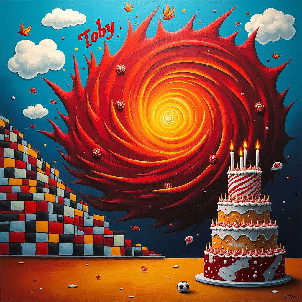 In this surreal abstract birthday scene, the canvas bursts into a vibrant whirlwind of color and form inspired by the famed artists. At the center, a large, swirling crimson whirlpool emerges, reminiscent of Liverpool Football Club's iconic red, spiraling outwards with dynamic, fluid brushstrokes akin to Jackson Pollock's energy. Embedded within this whirlpool, tiny, stylized Liverbird symbols take flight, their wings echoing the angular geometry of Kandinsky. At the top, a celestial realm unfolds, painted in a serene sky blue with abstract cloud formations that subtly spell out "Toby" in a playful, curvaceous script—a nod to Miró's whimsical elements. Below, a Mondrian-inspired grid forms the abstract terraces of Anfield, with blocks of red, white, and yellow—a visual chorus of Liverpool's team colors. Amongst these geometric fields, an oversized football is strategically placed, its pattern a chaotic, Rothko-esque juxtaposition of deep maroons and splashes of gold. On the right, a surreal birthday cake towers, with layers that mimic Richter's textured brushwork, crowned by candles shaped like de Kooning’s freeform figures. The entire scene is anchored by a horizontal band at the bottom, a horizon line in the soft, minimalist style of Agnes Martin, grounding the vibrant chaos above. Through this, Toby's name is celebrated amidst an abstract, football-themed universe that dances with the spirit of these artistic legends.
Generated with these themes: LIVERPOOL FOOTBALL CLUB .
Made with ❤️ by AI.