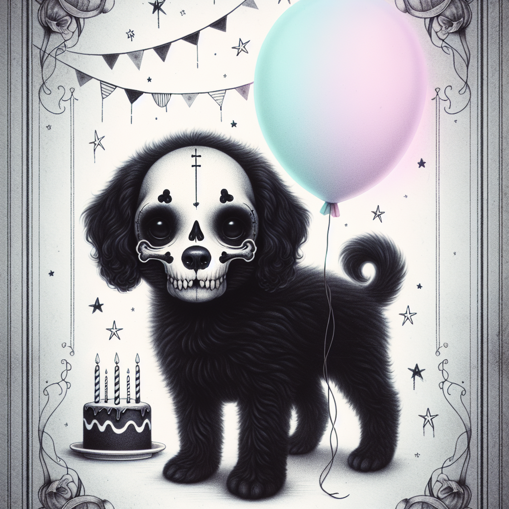 Create an image that portrays a birthday-themed scenario with a whimsical goth puppy taking center stage. The puppy is black, with unique bone-shaped patches over its eyes, and features a mischievous grin. It has a pastel balloon in its mouth that brings a pop of color against its dark and intriguing aura. The background should be embellished with delicate, hand-drawn stars and a faint outline of a birthday cake as a subtle indication of the festivities. The distinct contrast of the dark-themed puppy set against the light and airy ambiance of the birthday elements constructs a captivating and endearing image.
Generated with these themes: Black goth skull puppy.
Made with ❤️ by AI.