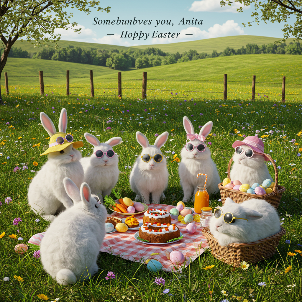 At the top of the realistic photograph image: "Somebunny loves you, Anita – Hoppy Easter!"

**Image Prompt:**  
A realistic, high-resolution photograph taken in the idyllic countryside during spring. In the foreground, a group of fluffy, real rabbits wearing tiny, mismatched Easter bonnets and sunglasses are gathered around a picnic blanket filled with decorated eggs and carrot cake. One cheeky bunny is caught mid-hop with a stolen egg in its mouth, while another lounges on its back with a tiny bottle of carrot juice. The backdrop features rolling green hills, scattered wildflowers, and an old wooden fence. Soft natural light adds warmth to the scene. The atmosphere is playful, quirky, and perfect for Easter fun.
Generated with these themes: Rabbits, Countryside, Photographic, Simple greeting, and .
Made with ❤️ by AI.