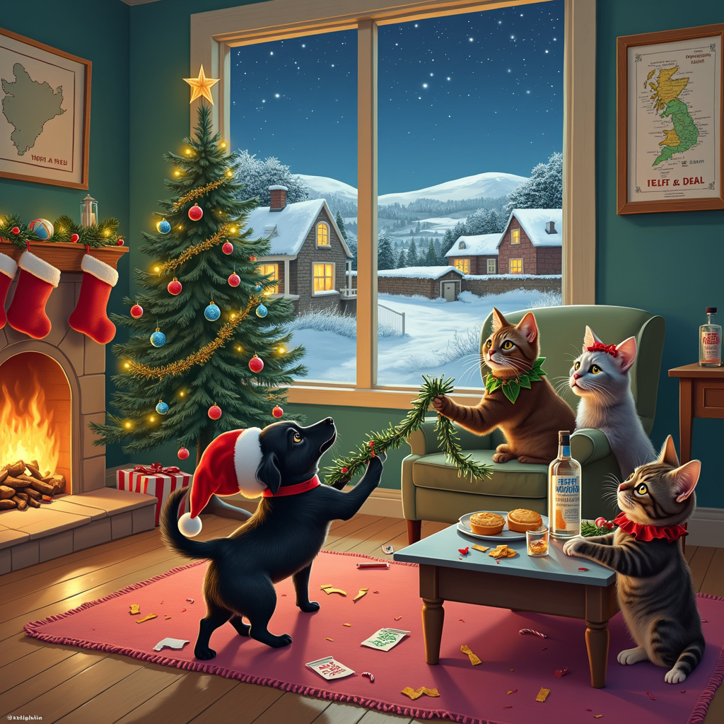 The scene takes place in a cozy, whimsical living room decorated for Christmas. A roaring fireplace with stockings hung along the mantel casts a warm glow across the room. The Christmas tree, adorned with colorful ornaments, twinkling lights, and tinsel, stands proudly in the corner. 

In the center of the room, a small black dog, wearing a tiny Santa hat, joyfully plays tug-of-war with a garland of tinsel against two cats. One cat, dressed as an elf with a green and red costume, clutches one end of the tinsel while the other cat, donning a reindeer antler headband, holds the middle. The three pets are surrounded by torn wrapping paper, indicating a festive gift-unwrapping frenzy.

A coffee table nearby is set with an assortment of snacks, including Cornish pasties, and a bottle of vodka with two shot glasses, one for "Jeff" and one for "Sue," prominently etched with their names.

In the background, a large window showcases a snowy Cornish village, with rolling hills and quaint cottages dusted in snow. The sky outside is a beautiful twilight blue, and written in the stars above the village are the names "Jeff and Sue," twinkling brightly.

On the wall, above a comfy-looking armchair, hangs a framed map of Cornwall with little festive doodles around the edges—holly, candy canes, and tiny Christmas trees.

In the corner of the room, a small table is set up with a vinyl player spinning a record, and a speech bubble from the dog says, "Who knew Christmas in Cornwall could be so pawsome?"

This scene captures the essence of the holidays with a quirky, festive spirit, blending the charm of Cornwall with the joy of Christmas, and of course, highlighting the names "Jeff and Sue" in a memorable and delightful way.
Generated with these themes: Small black dog, Cats, Vodka , and Cornwall .
Made with ❤️ by AI.