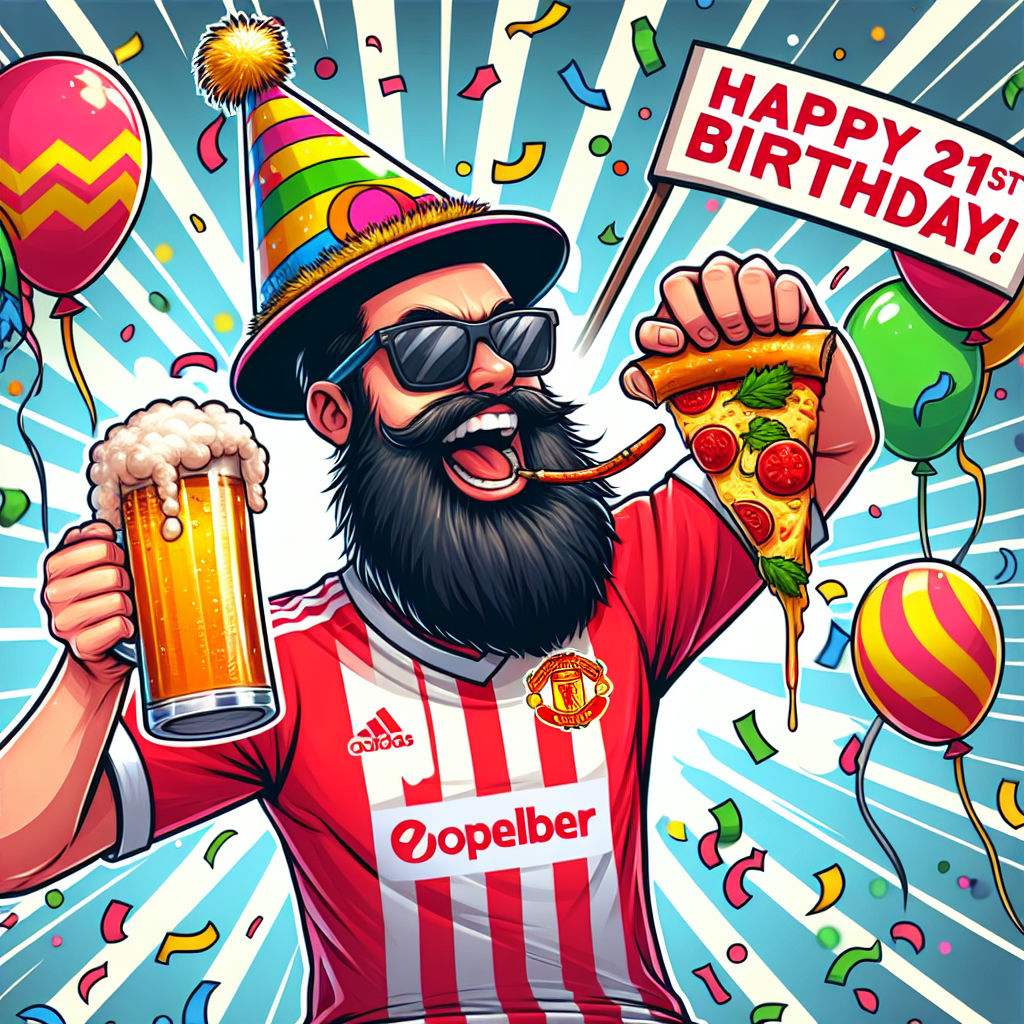 An energetic and light-hearted cartoon scene unfolds, portraying an anonymous bearded man dressed in a popular football club jersey and a flamboyantly colored party hat. He is cheerfully raising a pint of beer with one hand while relishing a tantalizing slice of pizza in the other. The backdrop explodes with confetti and balloons, and a conspicuous caption 'Happy 21st Birthday!' injects a personal element into the jubilations.
Generated with these themes: Happy 21st Birthday Josh, and Bearded man wearing a party hat and a Chelsea Football Club shirt celebrating with a pint of beer in one hand and a slice of pizza in the other .
Made with ❤️ by AI.