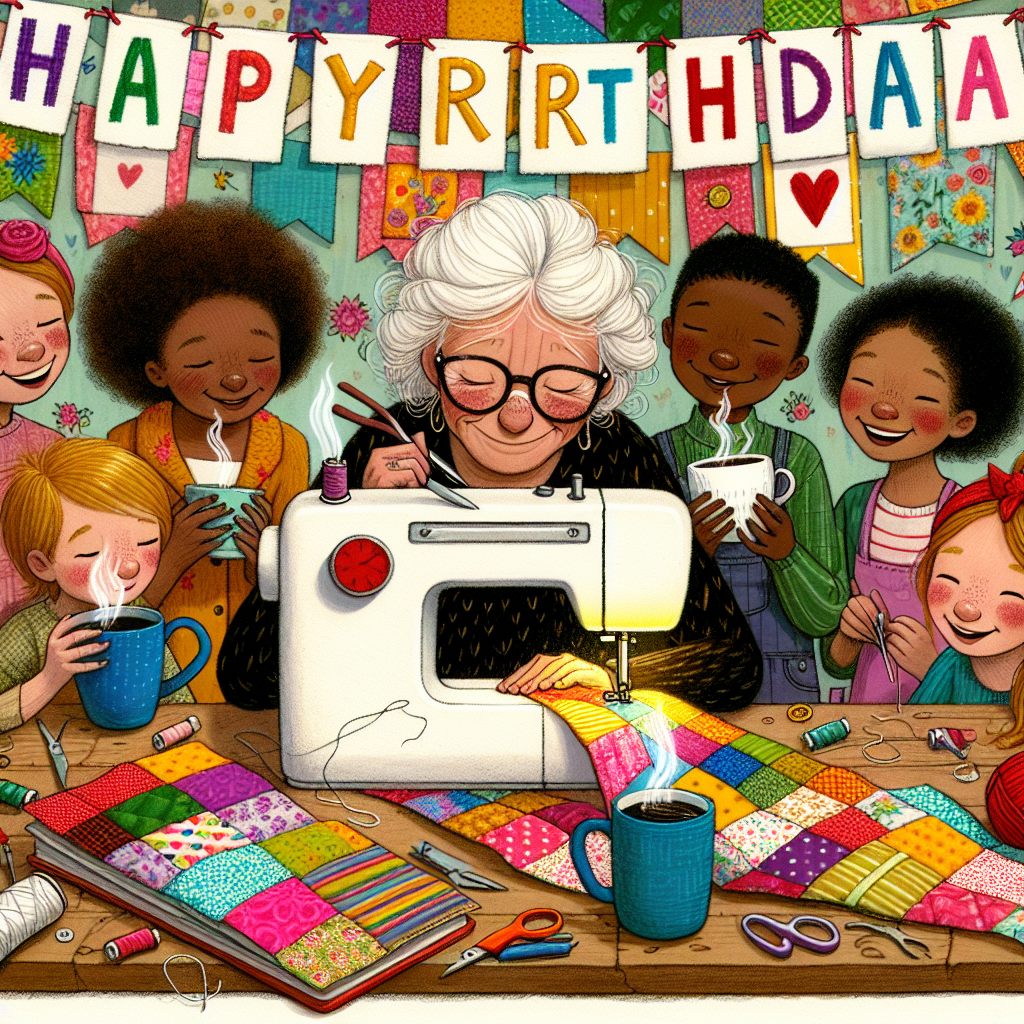 Generate a whimsical illustration of a warm, inviting sewing corner complete with a steaming mug of coffee placed next to a brightly-colored patchwork of birthday greetings. Depict a group of diverse grandchildren, a mix of boys and girls of Caucasian, Hispanic, Black, Middle-Eastern and South Asian descents, joyfully assembling a homemade birthday banner. This jovial image is filled with the sound of their laughter harmonizing with the gentle rhythm of the sewing machine stitching.
Generated with these themes: Sewing , Coffee, and Grandchildren .
Made with ❤️ by AI.