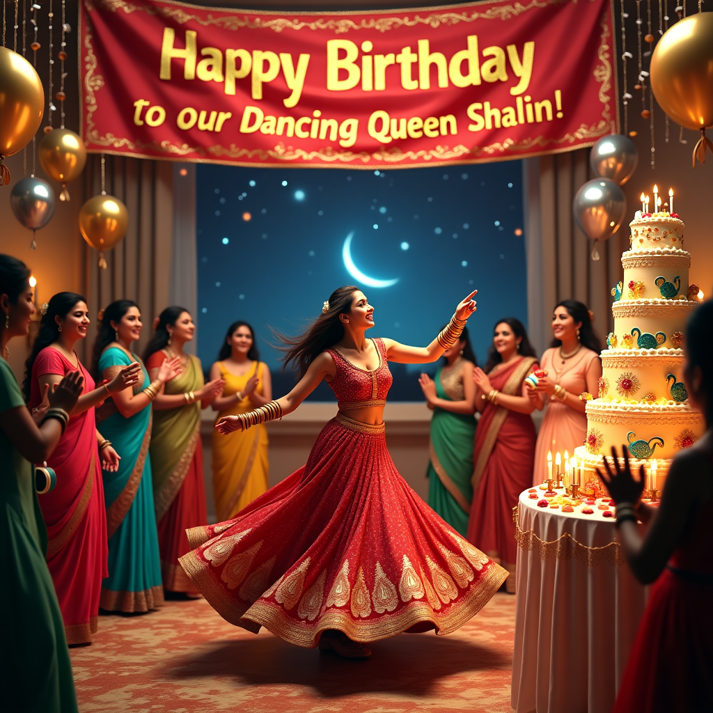 In the heart of a jubilant celebration, a vibrant scene unfolds. The focal point is Shalini, our effervescent Bollywood dancer, elegantly poised in mid-twirl at the center of the room. Her richly adorned lehenga swirls around her like a rainbow of glittering colors, catching the light with every movement. Her bangles clink together in rhythmic harmony with the music that fills the air. Above her, a grand banner hangs, emblazoned with the words "Happy Birthday to our Dancing Queen Shalini!" in ornate, golden letters that shimmer against the lush crimson fabric of the banner.

The setting is a lively party scene, reminiscent of a grand Indian festival. To the right, a lavish birthday cake towers with tiers, each layer adorned with intricate sugar-crafted peacocks and lotus flowers. Bright candles flicker atop the cake, their flames reflected in the shiny gold and silver balloons that float nearby, tethered to the tables laden with an array of colorful sweets and treats.

The room itself is a whirl of color and movement, with streamers in vibrant hues of fuchsia, teal, and saffron cascading from the ceiling like a waterfall of silk. Partygoers in traditional Indian attire, sparkling with embroidery and sequins, form a circle around Shalini, clapping along with her dance. Some hold tambourines, adding a lively jingle to the already festive atmosphere.

In the background, a large window reveals a starry night sky, with a crescent moon smiling down on the festivities. The room is bathed in a warm, golden glow from lanterns hanging above, reminiscent of an opulent Bollywood film set. This detailed tableau captures the essence of joyous celebration, honoring Shalini, the queen of the dance floor, on her special day.
Generated with these themes: Bollywood dancer at a party ,Banner Happy Birthday too our Dancing Queen 'Shalini', Birthday with cake & decoration.
Made with ❤️ by AI.