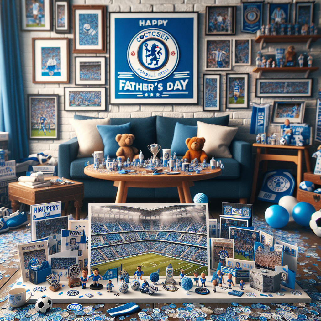 Create an image of a Father's Day celebration set in a cozy living room filled with memorabilia of a widely recognized, non-specific blue color football/soccer team. The memorabilia includes miniature flags, stuffed toys, and framed photos of iconic games. The centerpiece of the room is a meticulously designed Father's Day card, decorated with an inscription of 'Happy Father's Day' above a blue-themed soccer crest. The coffee table in the room is scattered with festive confetti and a scale model of a soccer stadium, serving as a unique homage to a father's passion for the sport.
Generated with these themes: Chelsea fc.
Made with ❤️ by AI.