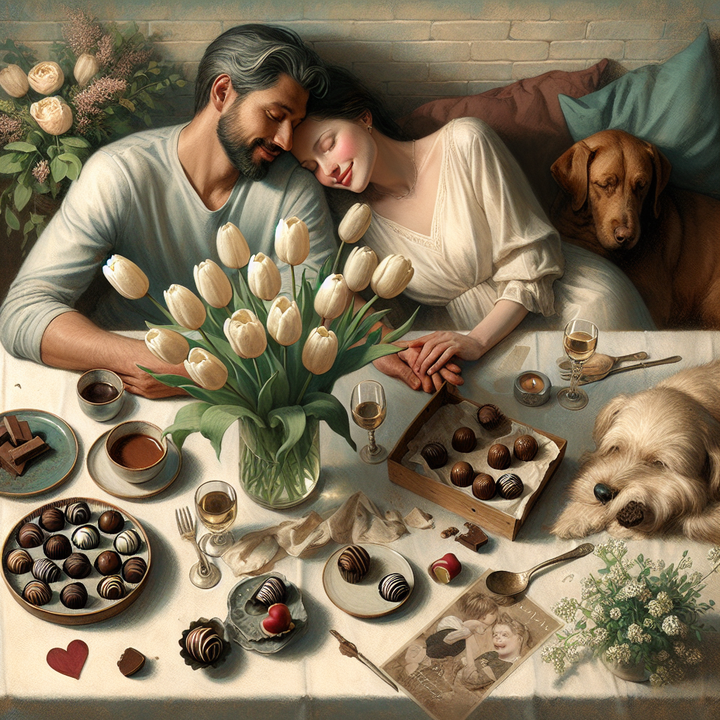 Create a heartfelt anniversary scene portraying a nature-inspired ambiance. Depict a table adorned with a bouquet of fresh tulips, their delicate petals symbolizing the fragility of the moment. Scatter a collection of chocolate truffles nearby, tantalizing the senses with their aroma. Picture a diverse couple, one being Caucasian male and the other a Black female, lost in blissful tranquility. Both share a moment of serene satisfaction—an echo of many shared agreements. Include their dogs, comfortably curled up next to them, enhancing the warmth and homeliness of the room. Each pet cuddle serves as a gentle reminder of their profound bond and the uncomplicated joys that unite them.
Generated with these themes: Chocolate, Tulips, Being right , Dogs, and Cuddles.
Made with ❤️ by AI.