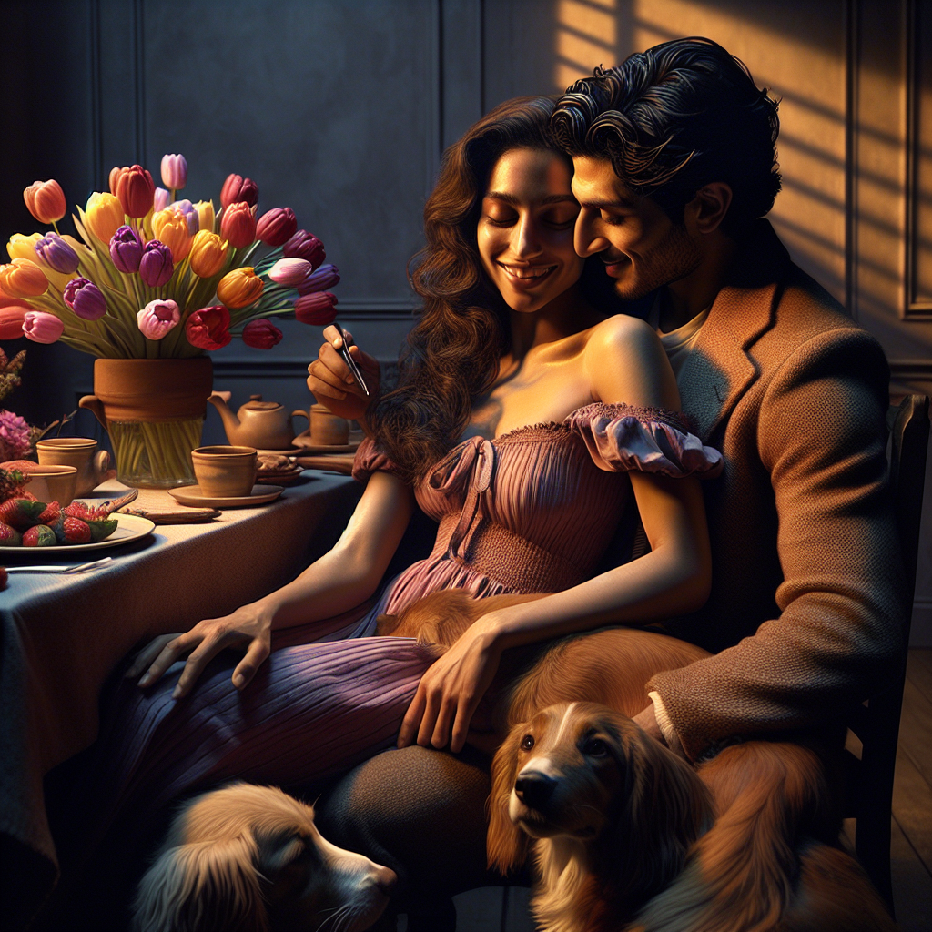 Imagine an intimate anniversary celebration that captures the charm of relatable realism. The room is bathed in soft light, with a centerpiece of flamboyantly coloured tulips set against a backdrop of rich chocolate tones. A Hispanic woman and a Middle-Eastern man sit closely, exchanging secretive, knowing smiles as part of an inside joke. The couple's beloved dogs are cozily nestled at their feet, enhancing the atmosphere of unconditional love in the scene. As the couple leans into each other for a gentle cuddle, the room exudes the warmth of a heartfelt embrace.
Generated with these themes: Chocolate, Tulips, Being right , Dogs, and Cuddles.
Made with ❤️ by AI.
