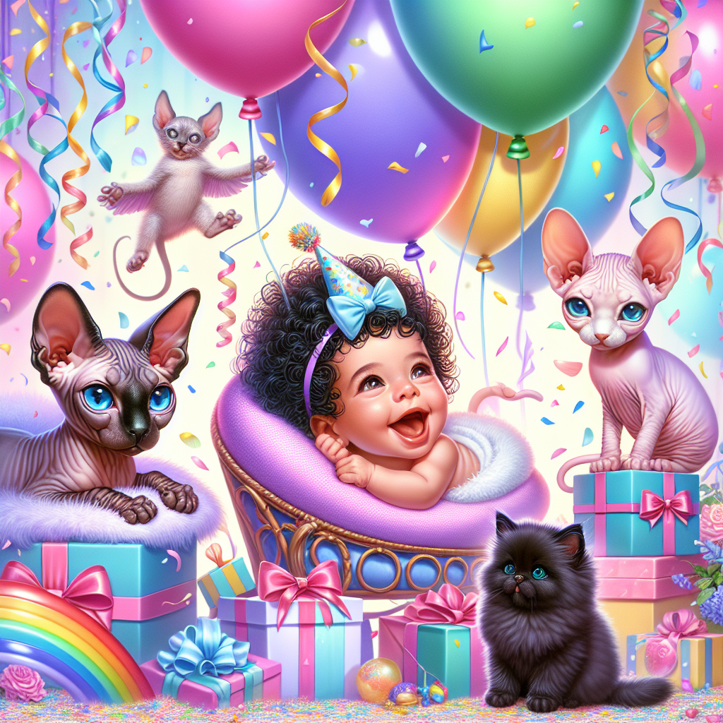 Imagine a whimsical cartoon world filled with pastel balloons and rainbow confetti. In the middle of this colorful scene, a newborn Hispanic baby girl with tufts of dark hair is giggling in her cradle, wearing a party hat. By her side, there is a chocolate point sphynx cat, with mesmerizing azure eyes, sitting majestically atop a cushion. This elegant creature is adorned with a tiny bow. In contrast, a lilac variant of the sphynx cat is peering curiously from behind a stack of celebration gifts. Additionally, a fluffy black cat with emerald eyes is situated on the side, engaged in a playful act of batting at the streaming ribbons hanging down from a party decoration.
Generated with these themes: Newborn baby girl with dark hair, Chocolate point sphynx cat, Lilac sphynx cat, and Fluffy black cat.
Made with ❤️ by AI.