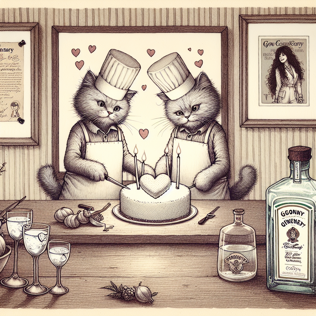 A whimsical, adorable sketch portraying an anniversary celebration in which two feline figures are decked out in aprons and chef hats, busily putting together a cake in the shape of a heart within a comfortably cosy kitchen environment. Pinned on the wall in the background is a poster of a famous pop singer, while a bottle of gin elegantly placed on the counter with two sophisticated glasses awaits the cheers to the special event.
Generated with these themes: Cats, Taylor Swift , Baking, and Gin.
Made with ❤️ by AI.