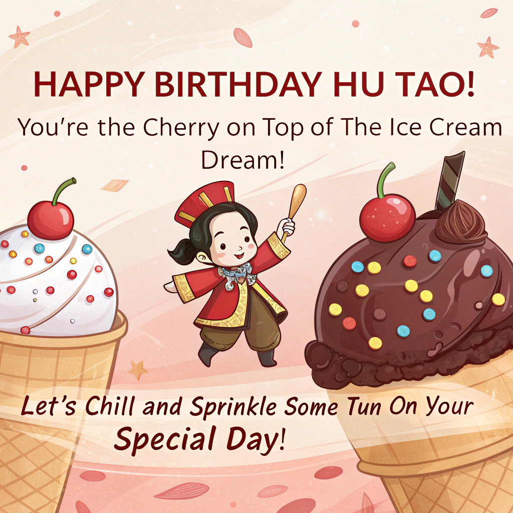 At the top of the image, "Happy Birthday, Hu Tao! You're the cherry on top of the ice cream dream!"

- In the center of the image, illustrate an adorable scene with Hu Tao, dressed in her iconic outfit, surrounded by oversized scoops of colorful ice cream with sprinkles and cherries. She's playfully juggling a couple of cherries, with a cheeky smile on her face.

- At the bottom of the image, add "Let's chill and sprinkle some fun on your special day!"
Generated with these themes: Ice cream hu Tao from genshin impact cute stuff , and .
Made with ❤️ by AI.